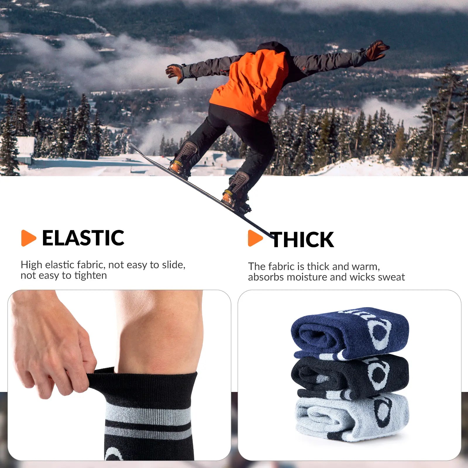 Qunature Global thermal wool blend ski socks, knee-high winter socks designed for cold weather and warmth during skiing.