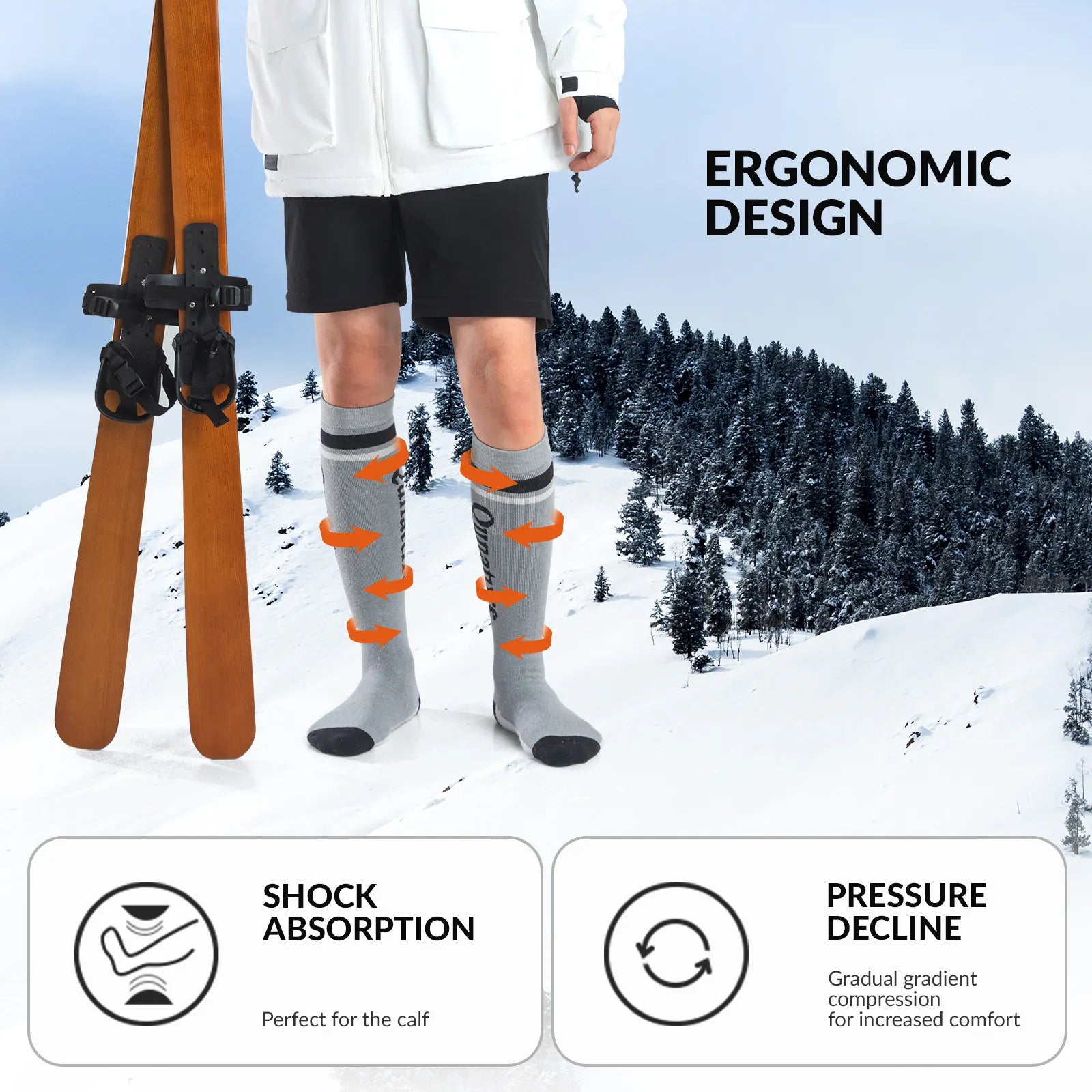 Qunature Global thermal wool blend ski socks, knee-high winter socks designed for cold weather and winter skiing activities.