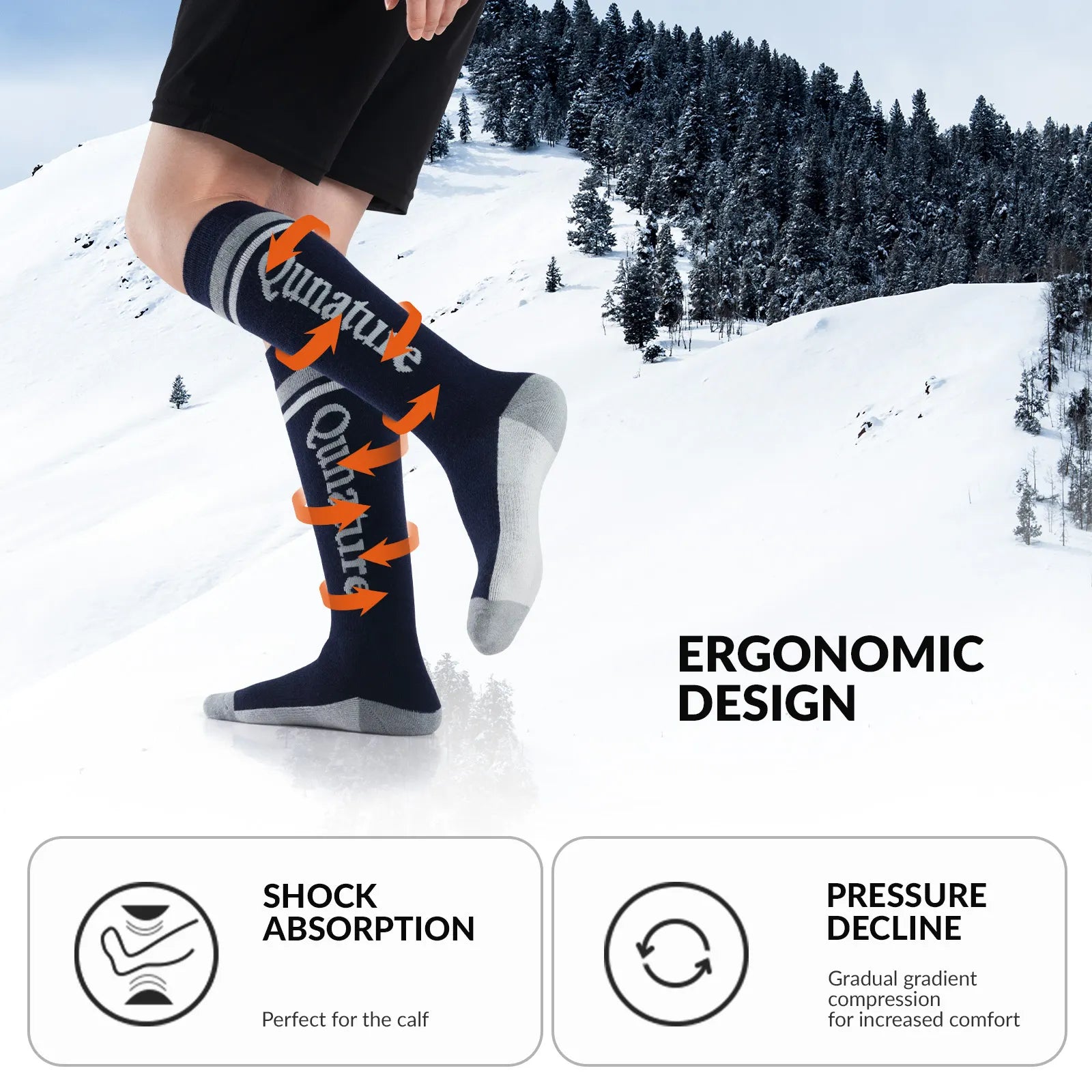 Qunature Global thermal wool blend ski socks, knee-high winter socks designed for cold weather warmth and comfort.