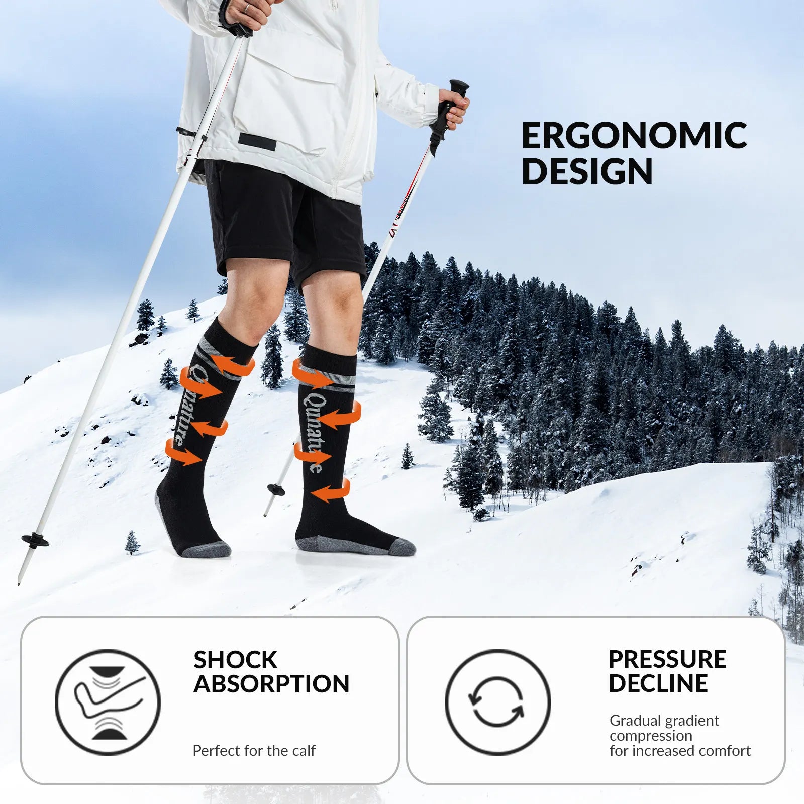 Qunature Global thermal wool blend ski socks, knee-high winter socks designed for cold weather and skiing comfort.