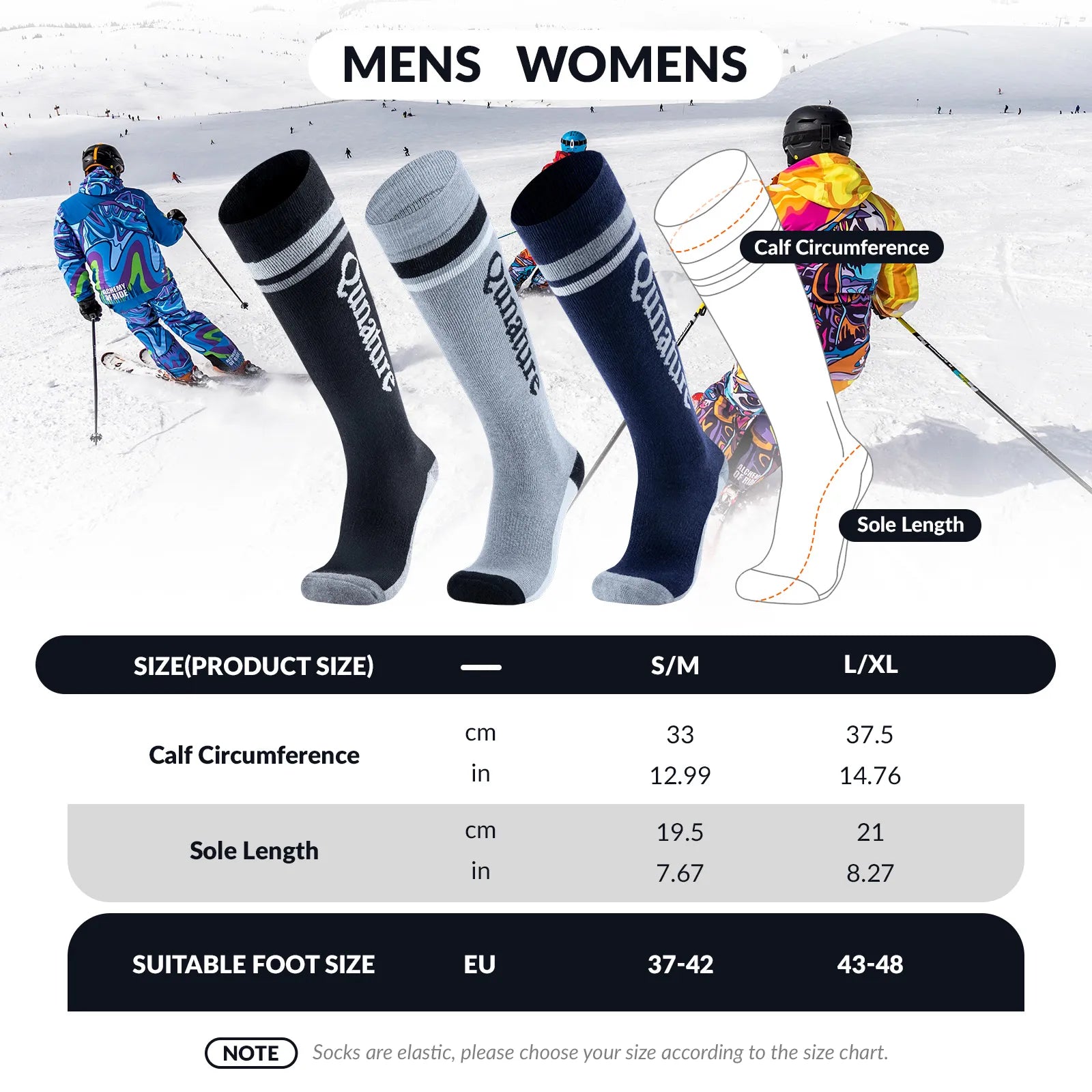 Qunature Global thermal wool blend ski socks, knee-high winter socks for cold weather, warm and comfortable for skiing and winter outings.