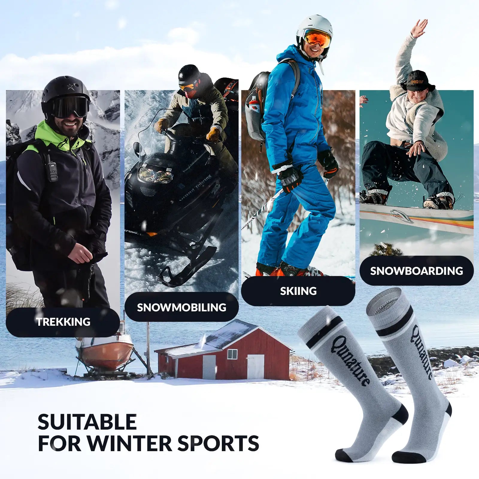 Qunature Global thermal wool blend ski socks, knee-high warm winter socks for cold weather skiing and outdoor winter activities