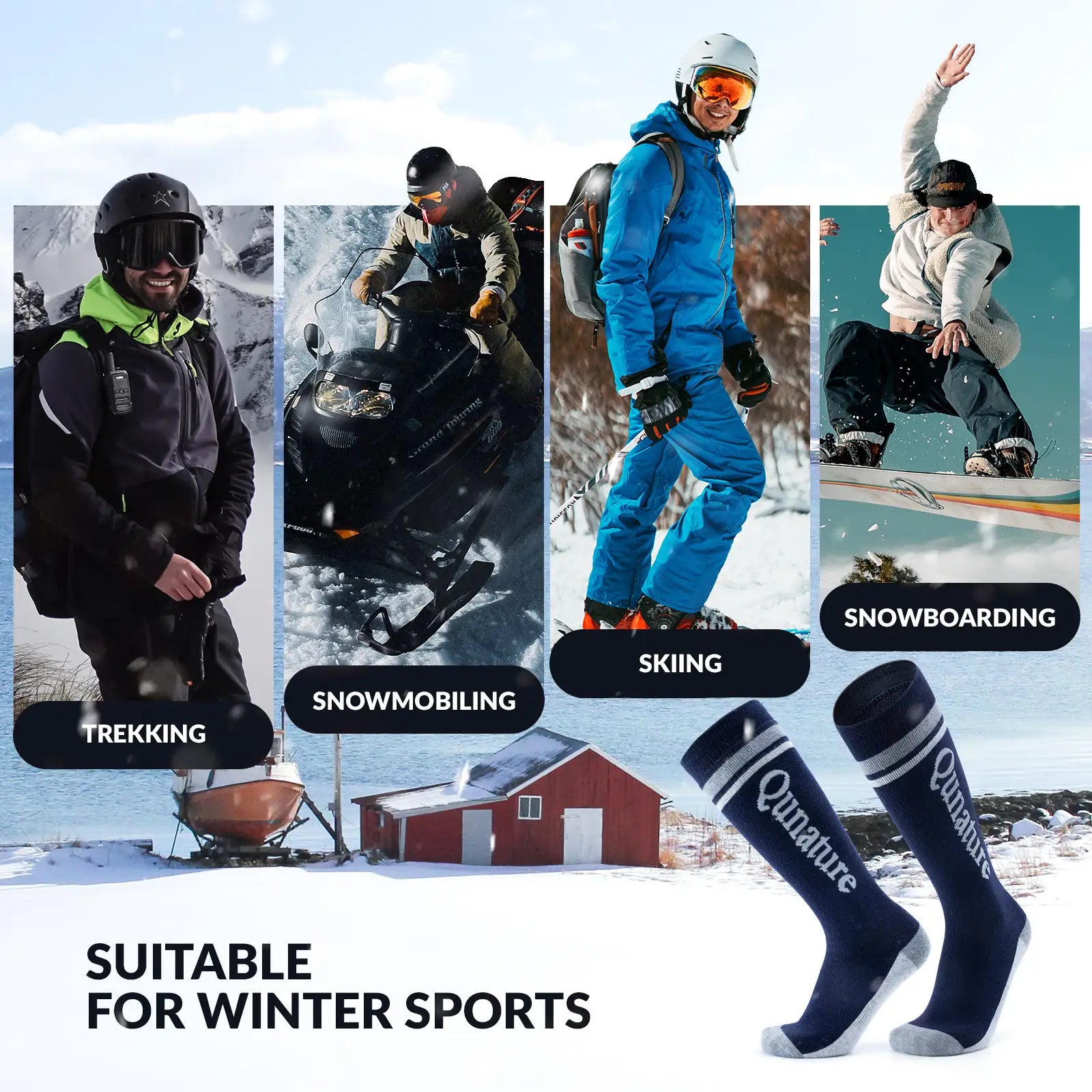 Qunature Global thermal wool blend ski socks, knee-high winter socks designed for cold weather warmth and comfort.