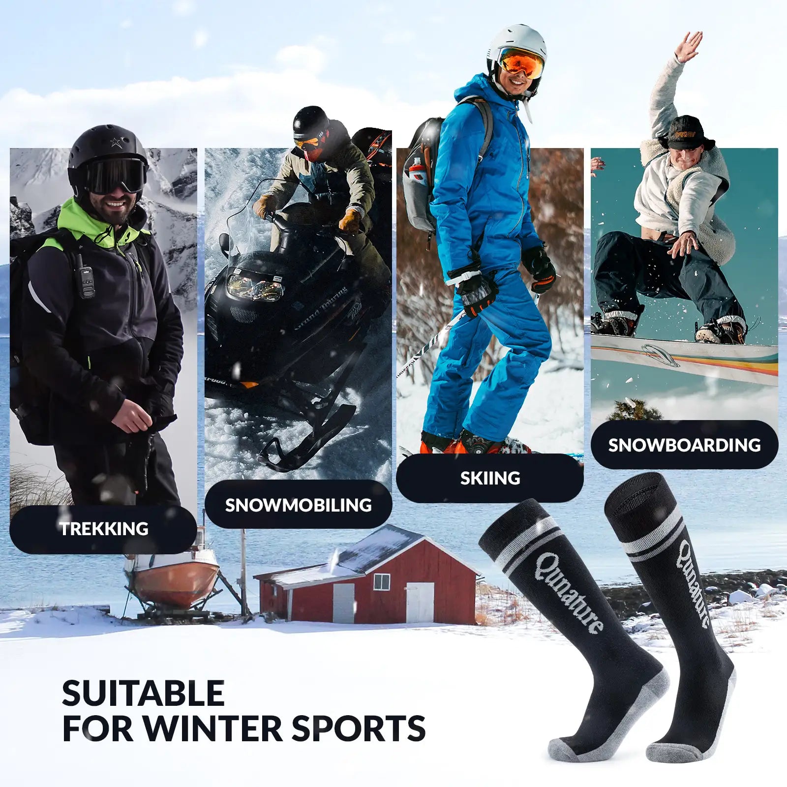 Qunature Global thermal wool blend ski socks, knee-high winter socks designed for cold weather and outdoor skiing activities.