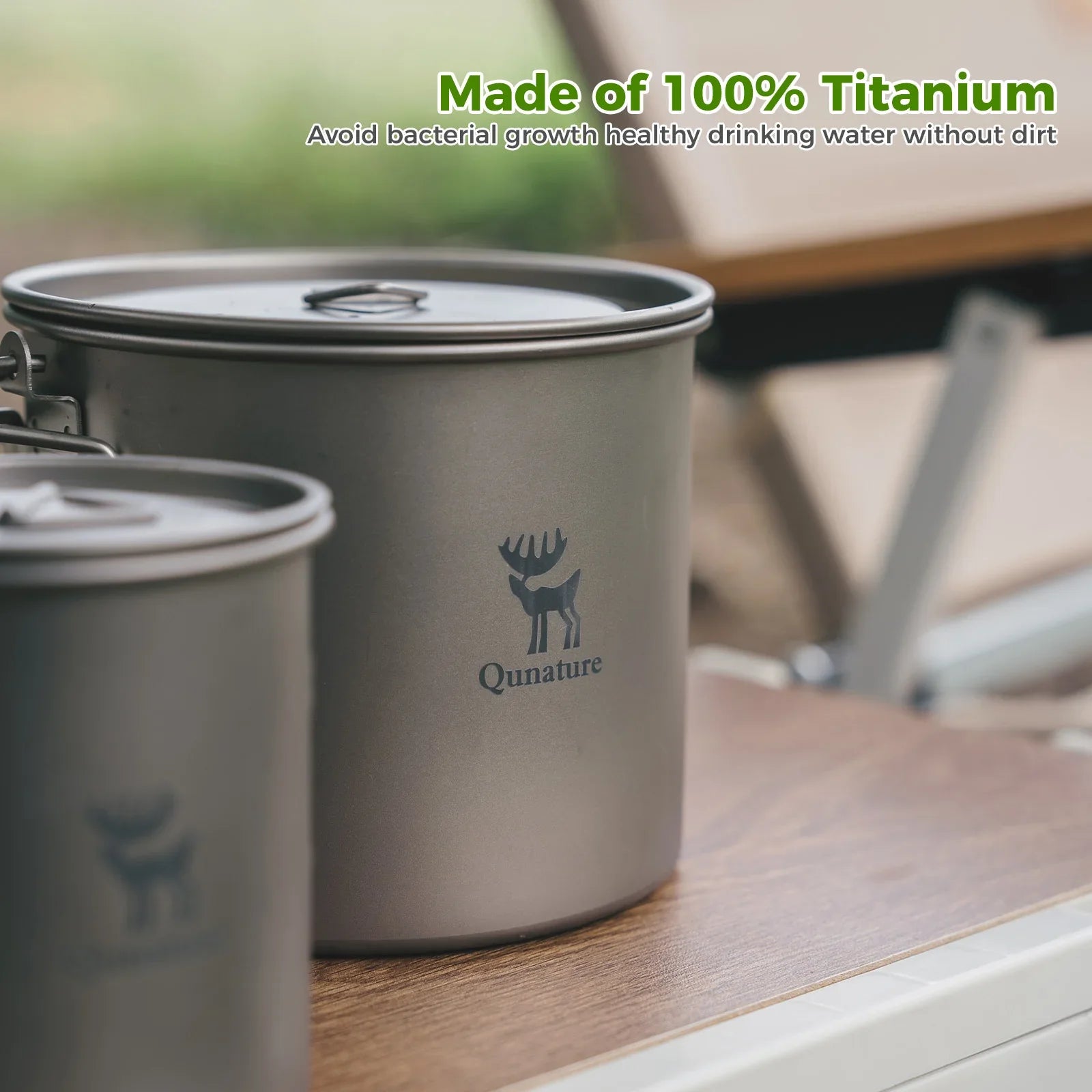 Titanium hanging cup with short handle, 1100ml capacity, designed by Qunature Global for outdoor or camping use.