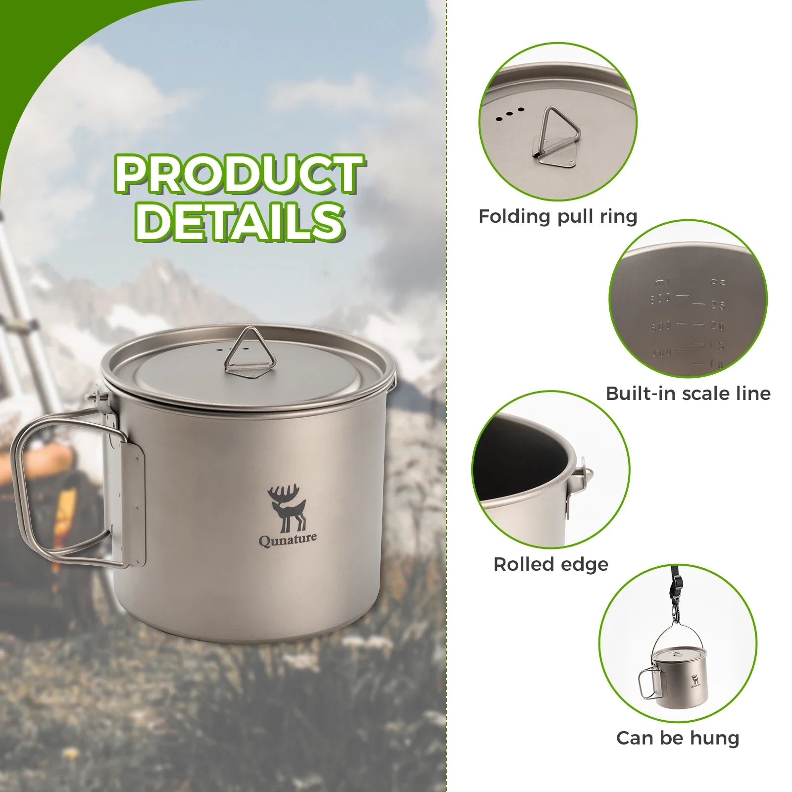 Titanium hanging cup with short handle, 1100ml capacity, by Qunature Global, shown in a close-up image.