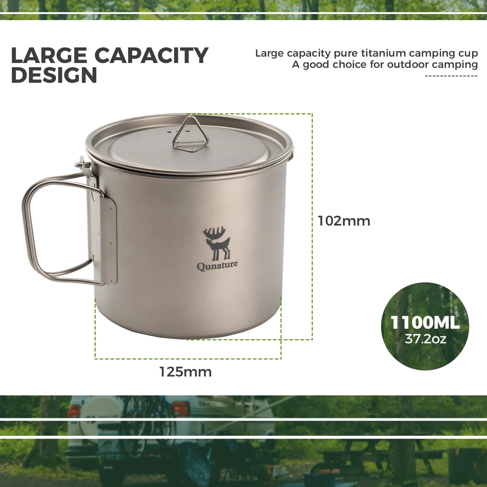 Qunature Global titanium hanging cup with short handle, 1100ml capacity, lightweight stainless steel camping cup for outdoor use.