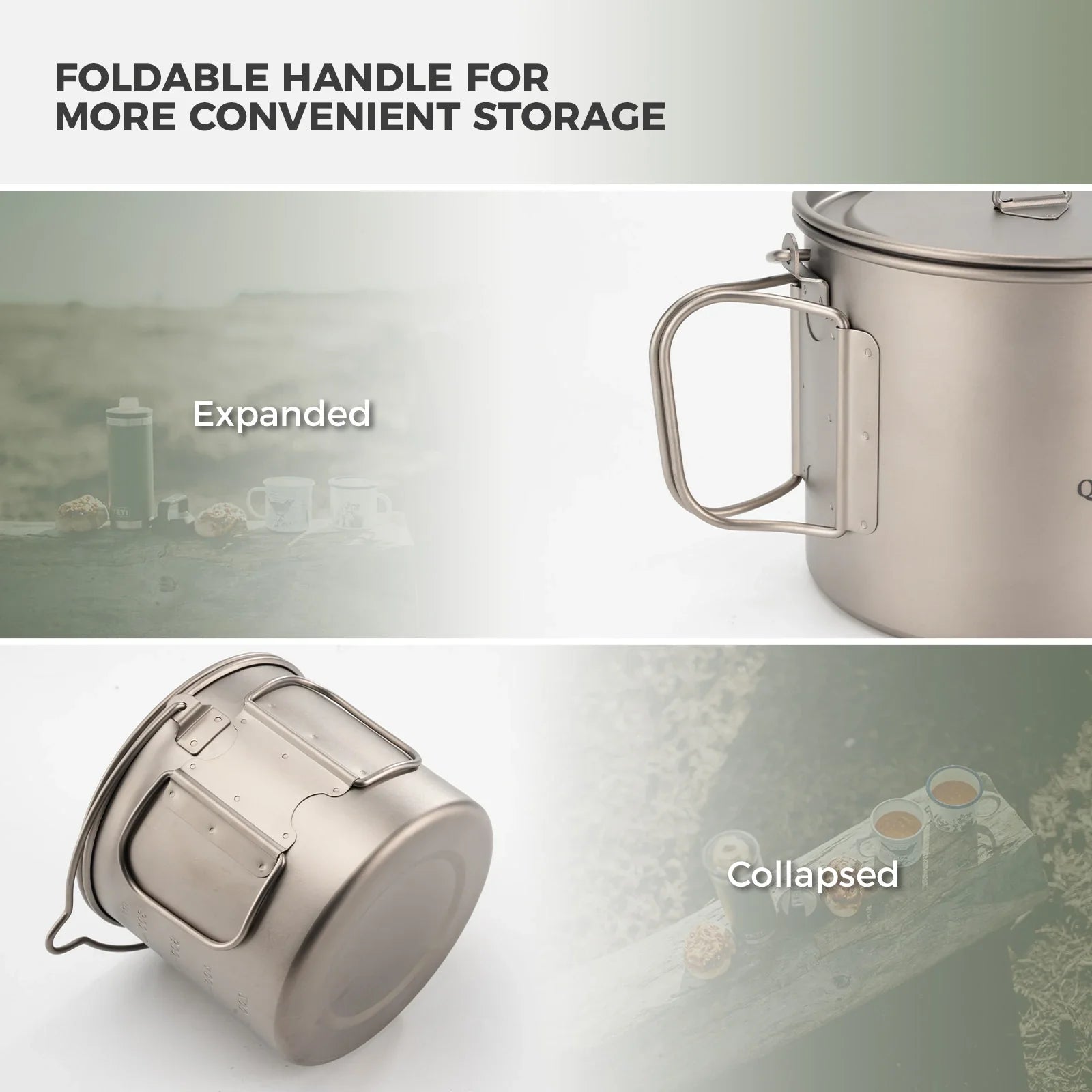Qunature Global titanium hanging cup with short handle, 1100ml, lightweight and durable for outdoor and camping use.