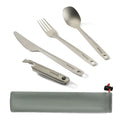 Lightweight titanium 4-piece tableware set by Qunature Global, featuring plates, bowls, and utensils for outdoor dining.
