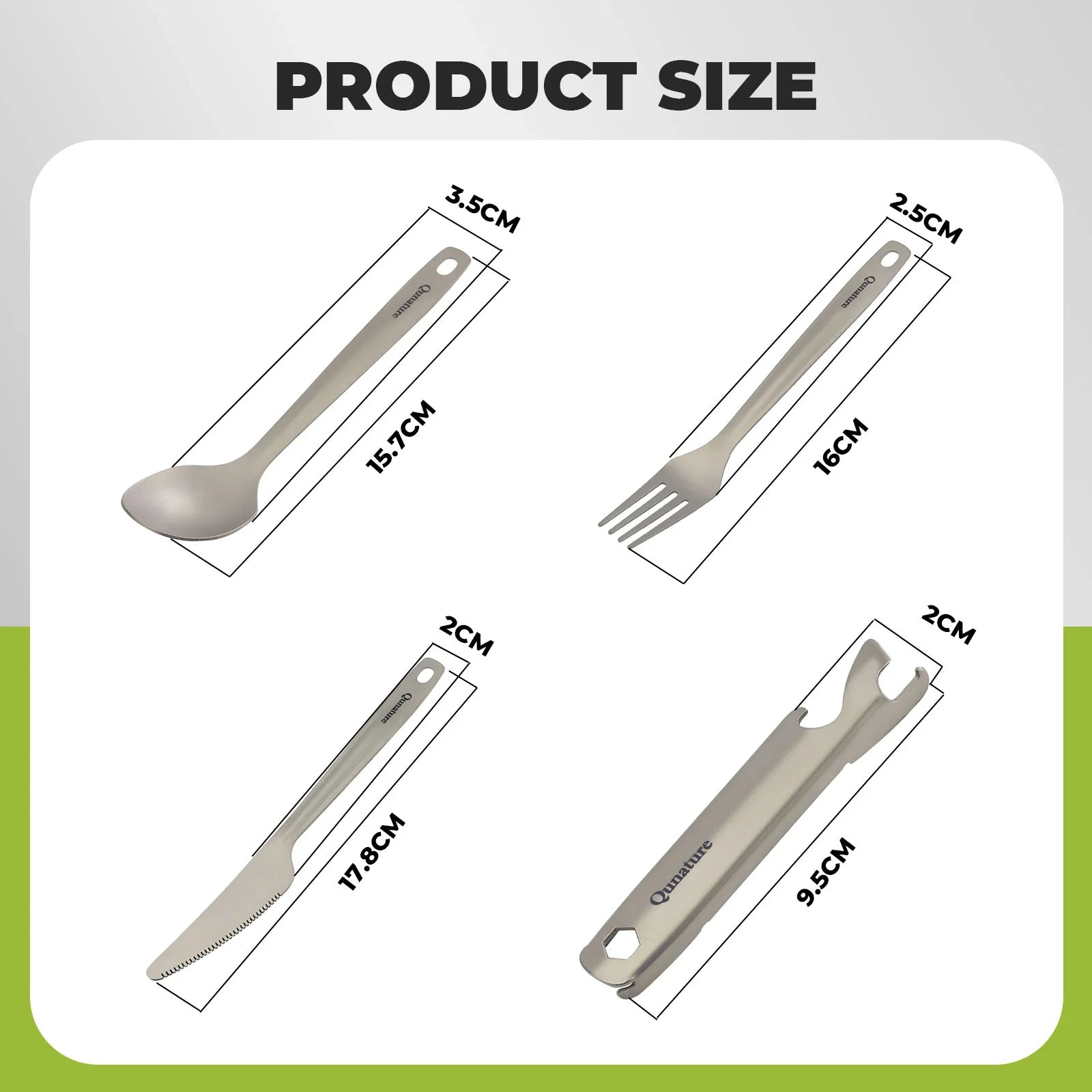 Lightweight titanium 4-piece tableware set by Qunature Global, featuring utensils and bowls for outdoor dining.