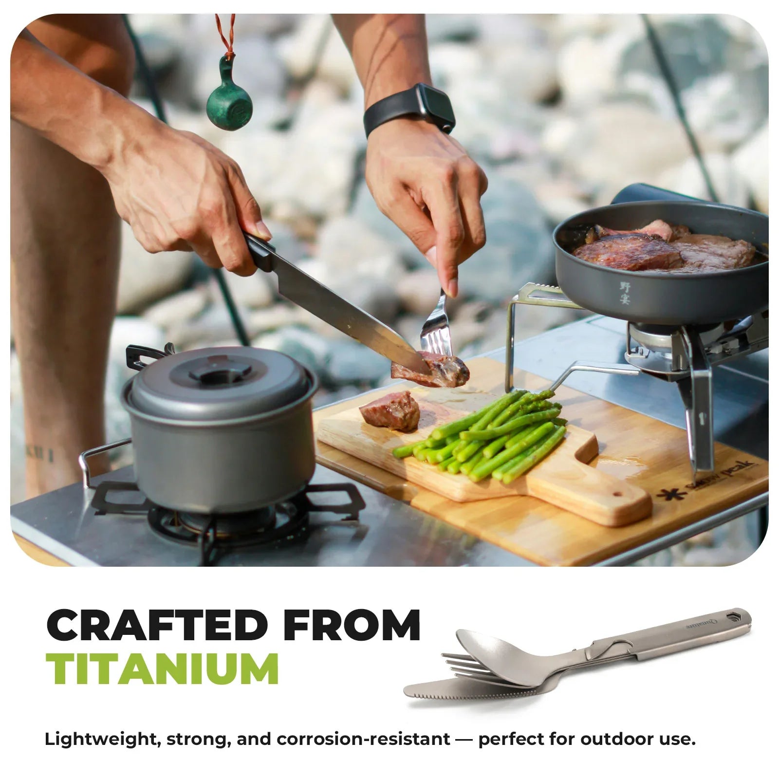 Lightweight titanium 4-piece tableware set by Qunature Global, featuring a minimalist design for outdoor dining.