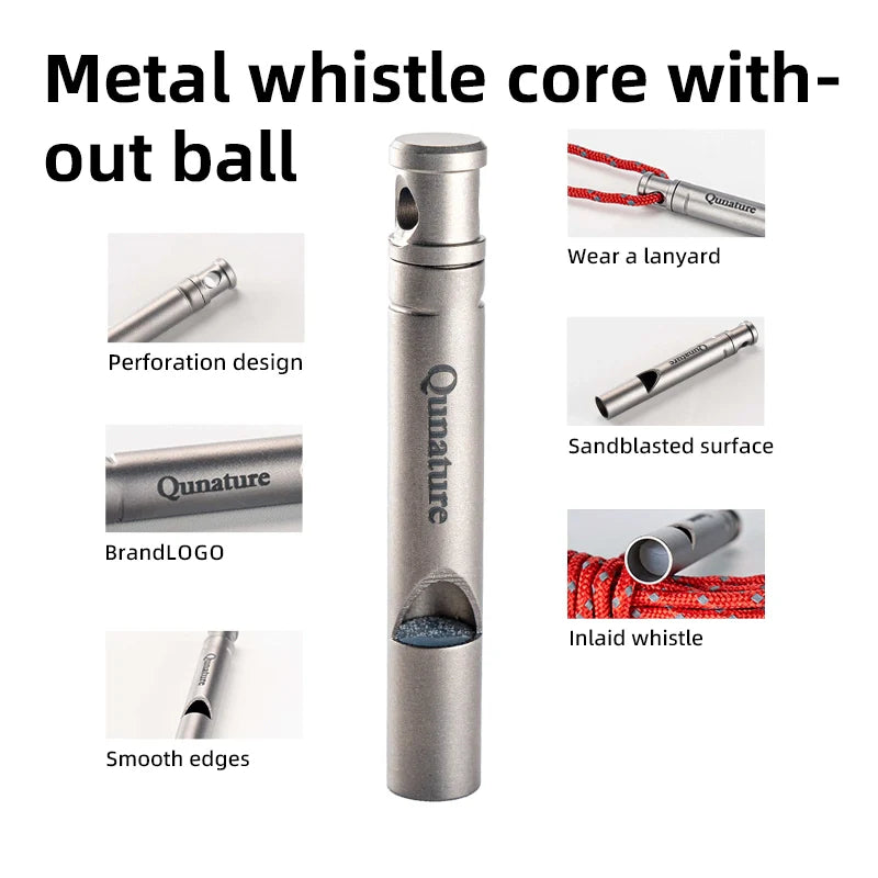 Qunature Global titanium survival whistle emitting loud 120dB sound, durable and portable outdoor gear for emergency signaling.
