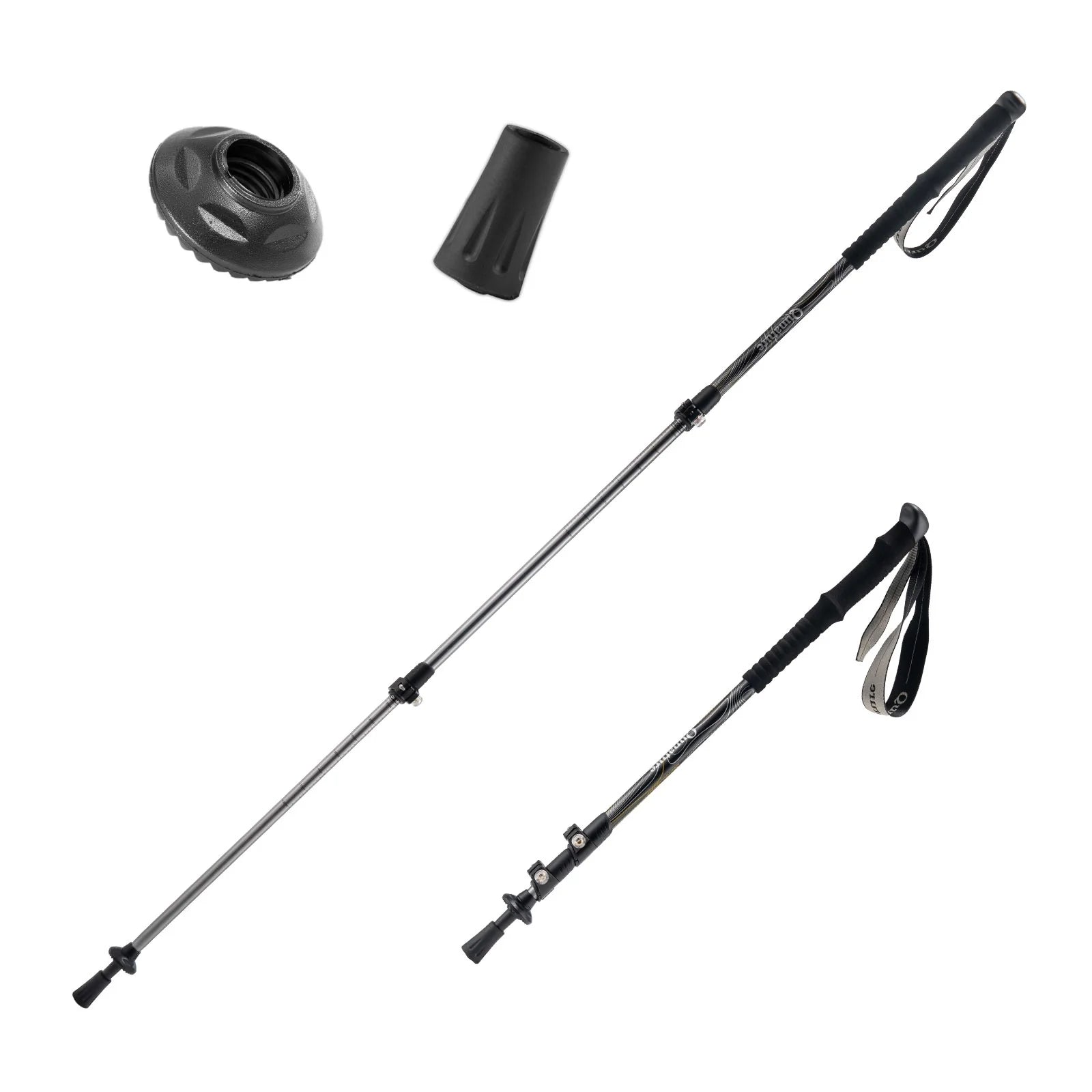 Qunature Global ultra-light 3-section trekking pole in a natural outdoor setting, showcasing its lightweight design and features.