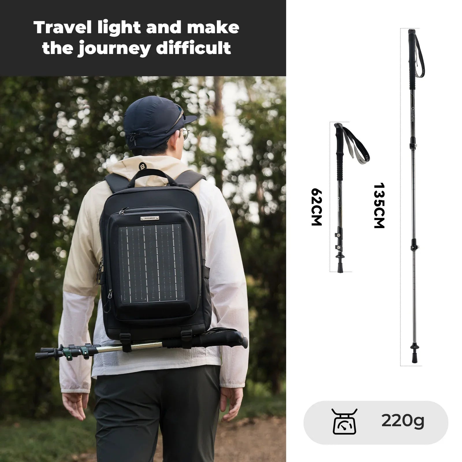 Qunature Global ultra-light 3-section trekking pole with ergonomic grip and adjustable height, set against a nature backdrop.