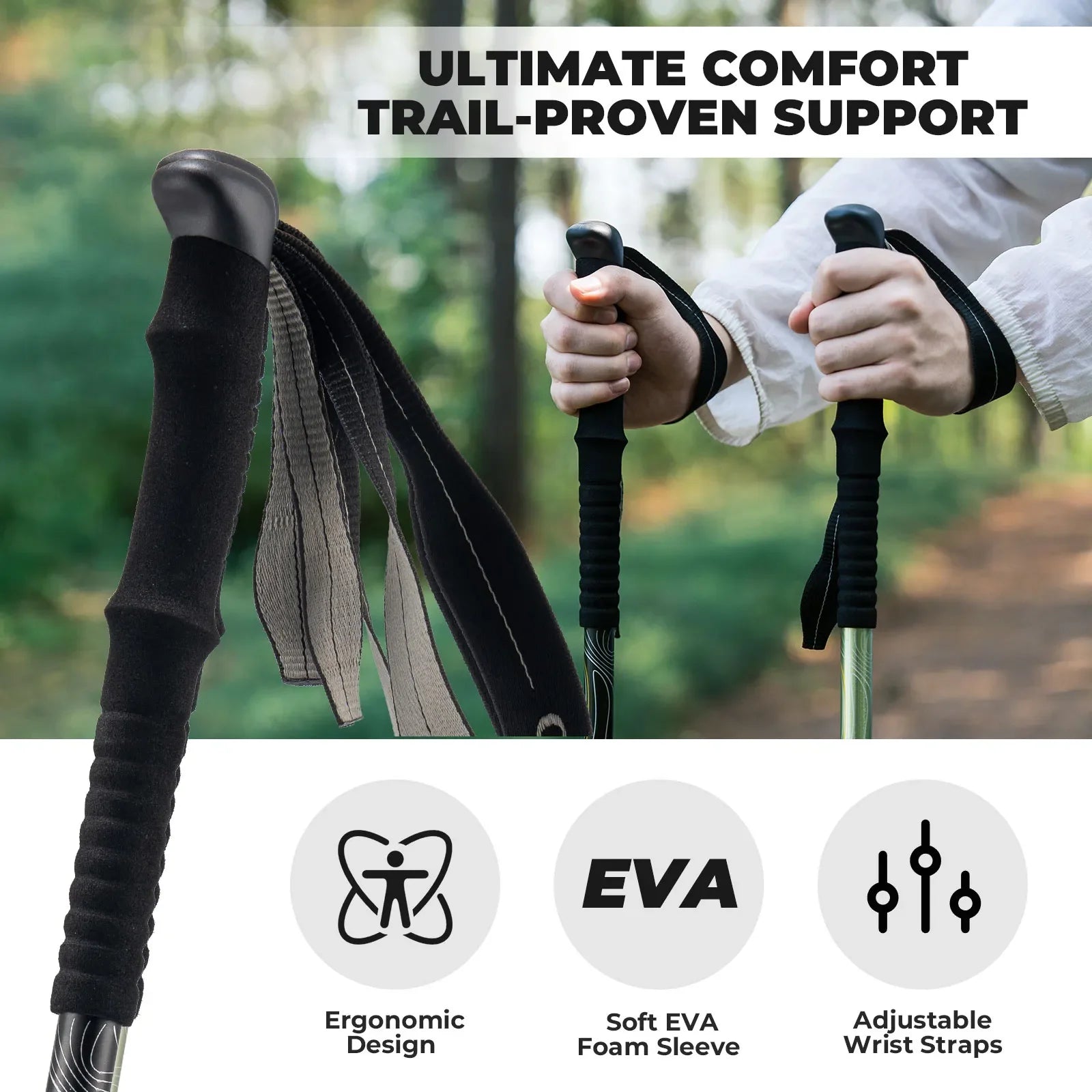 Qunature Global ultra-light 3-section trekking pole with ergonomic grip and adjustable height in outdoor setting.