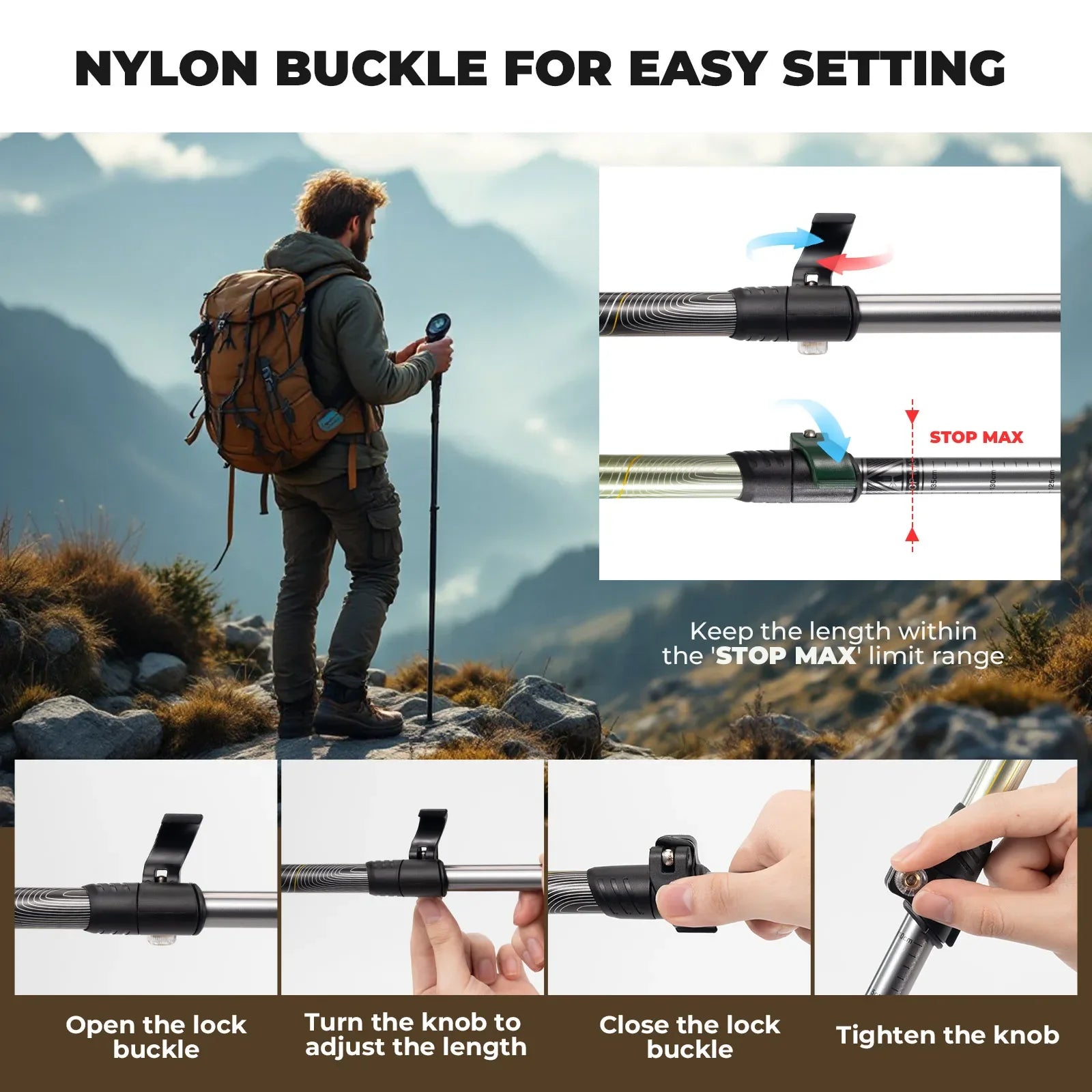Qunature Global ultra-light 3-section trekking pole with adjustable length and ergonomic grip for outdoor adventures.