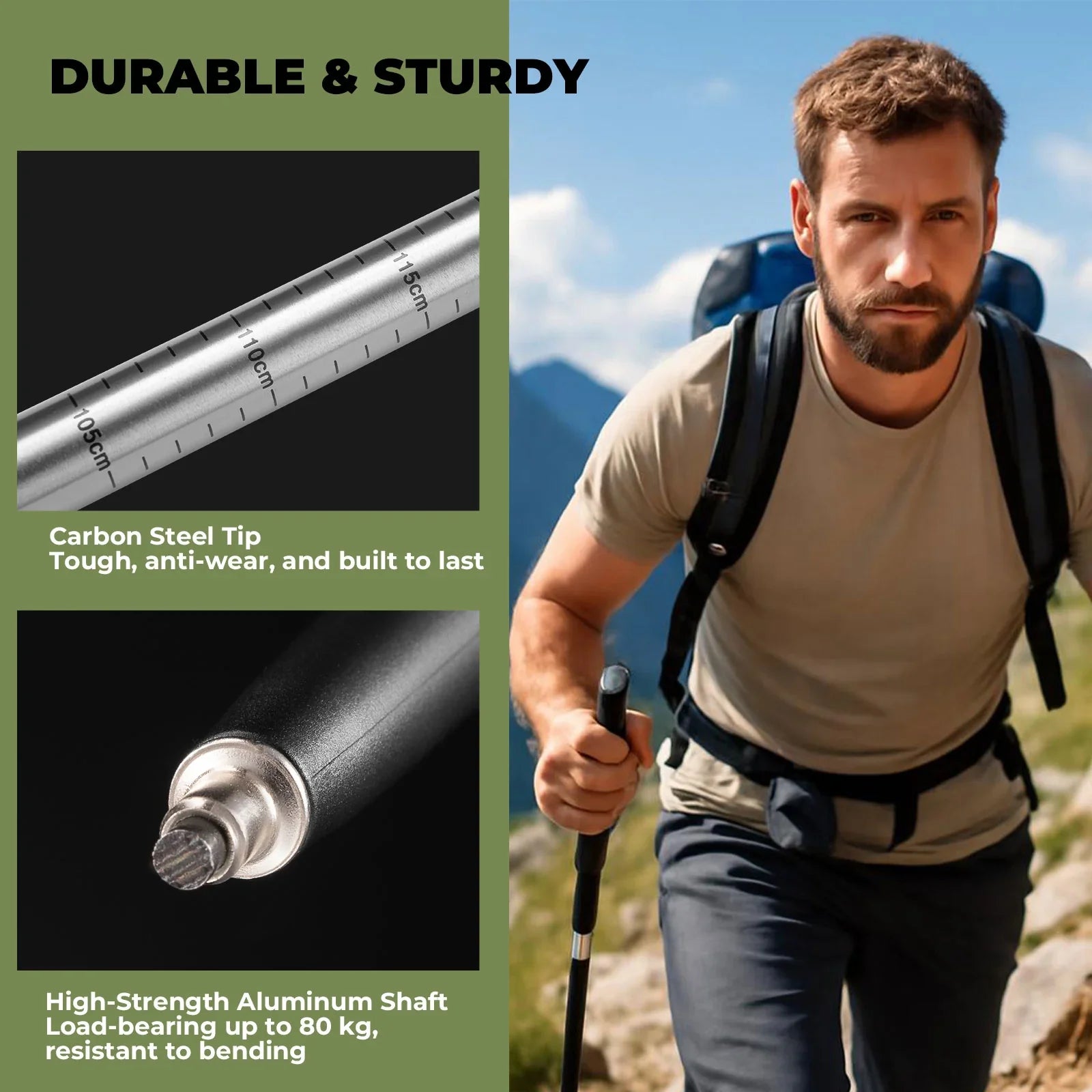 Qunature Global ultra-light 3-section trekking pole with adjustable height and ergonomic grip in outdoor setting.