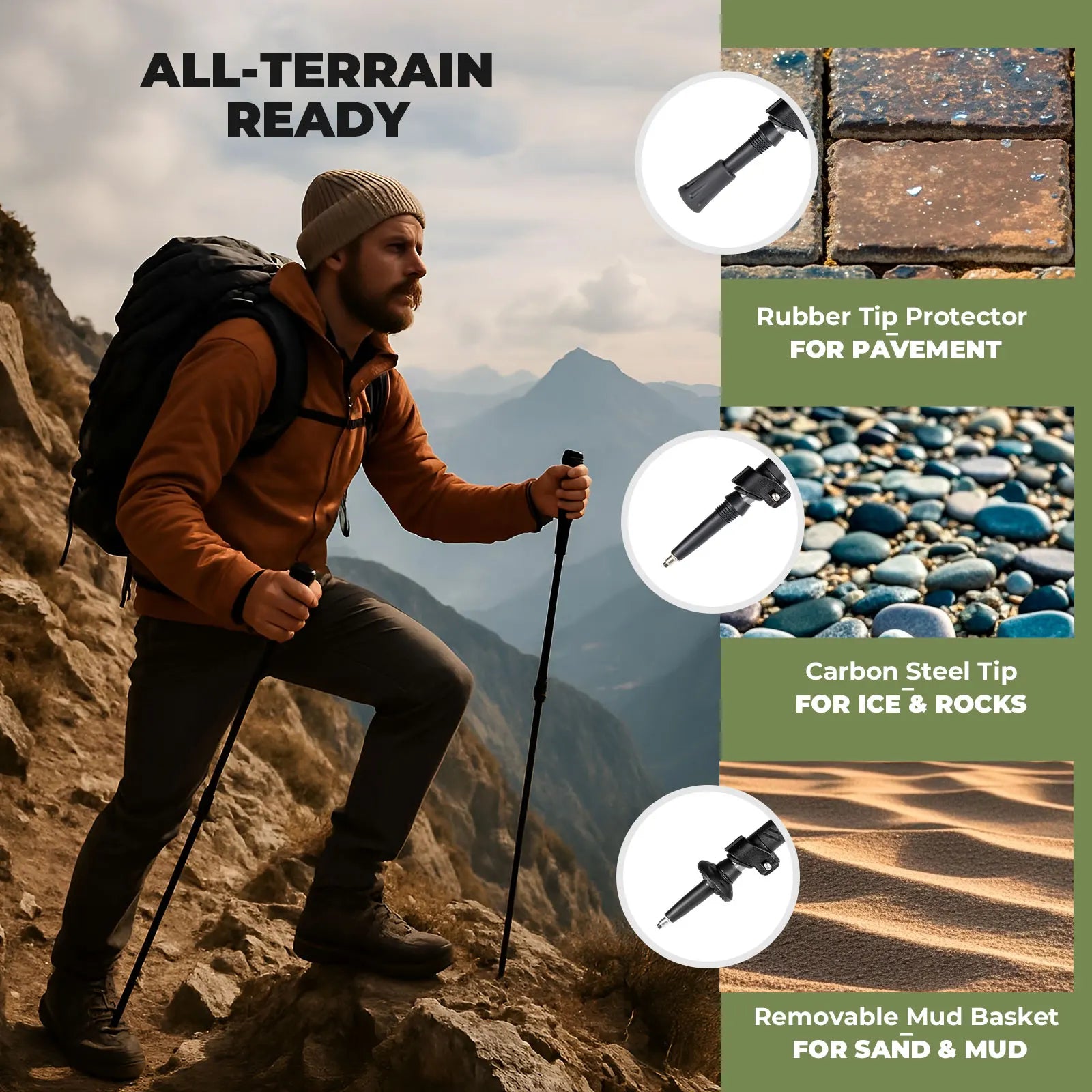 Qunature Global ultra-light 3-section trekking pole with adjustable height and ergonomic grip in outdoor setting.