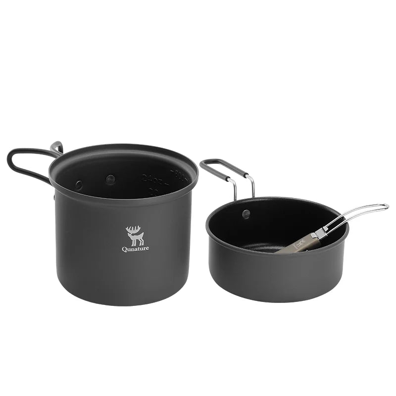 Qunature Global ultra-light aluminum camping cookware set with nestable design and handles, ideal for outdoor cooking and backpacking.