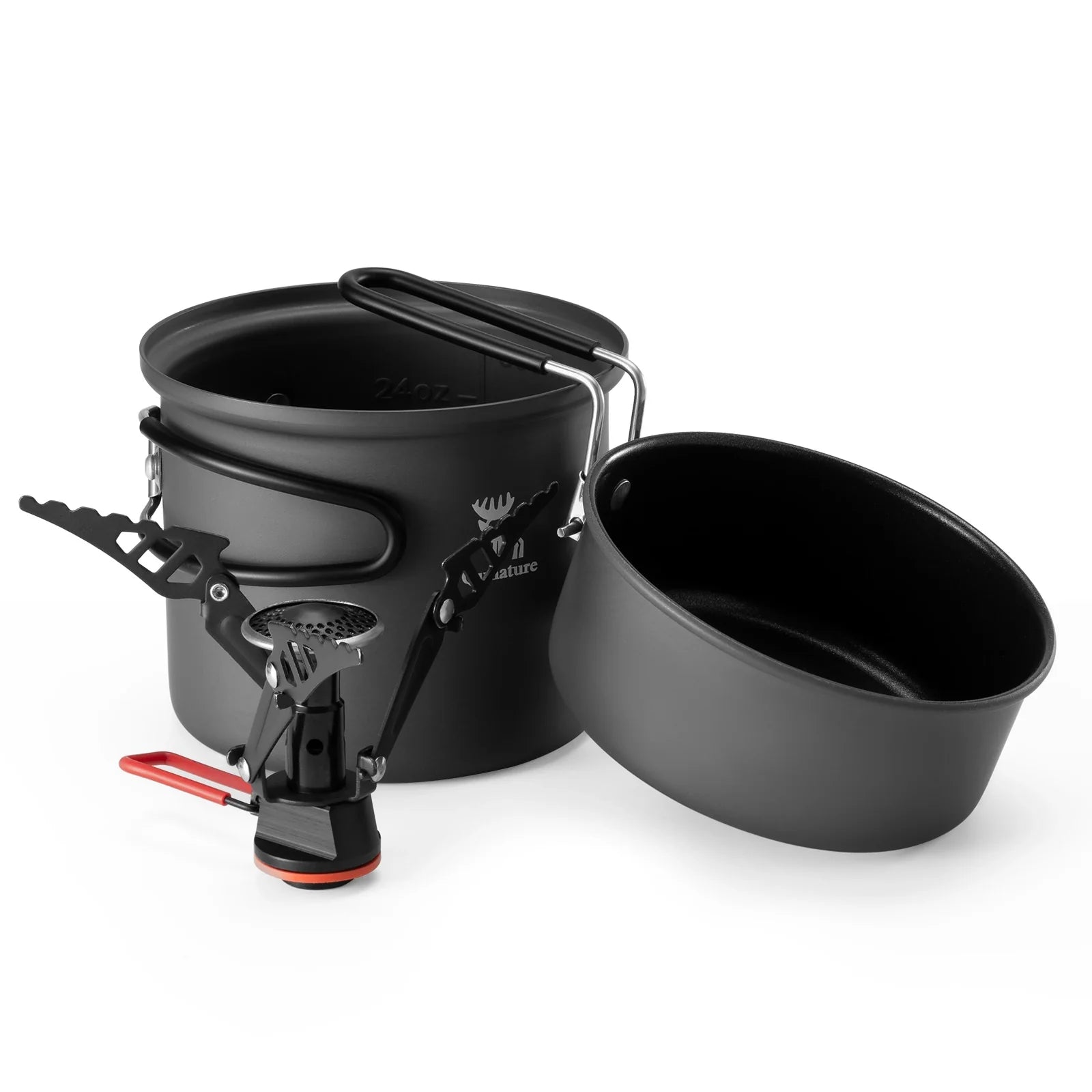 Qunature Global ultra-light aluminum camping cookware set with nestable design and handles for portable outdoor cooking.