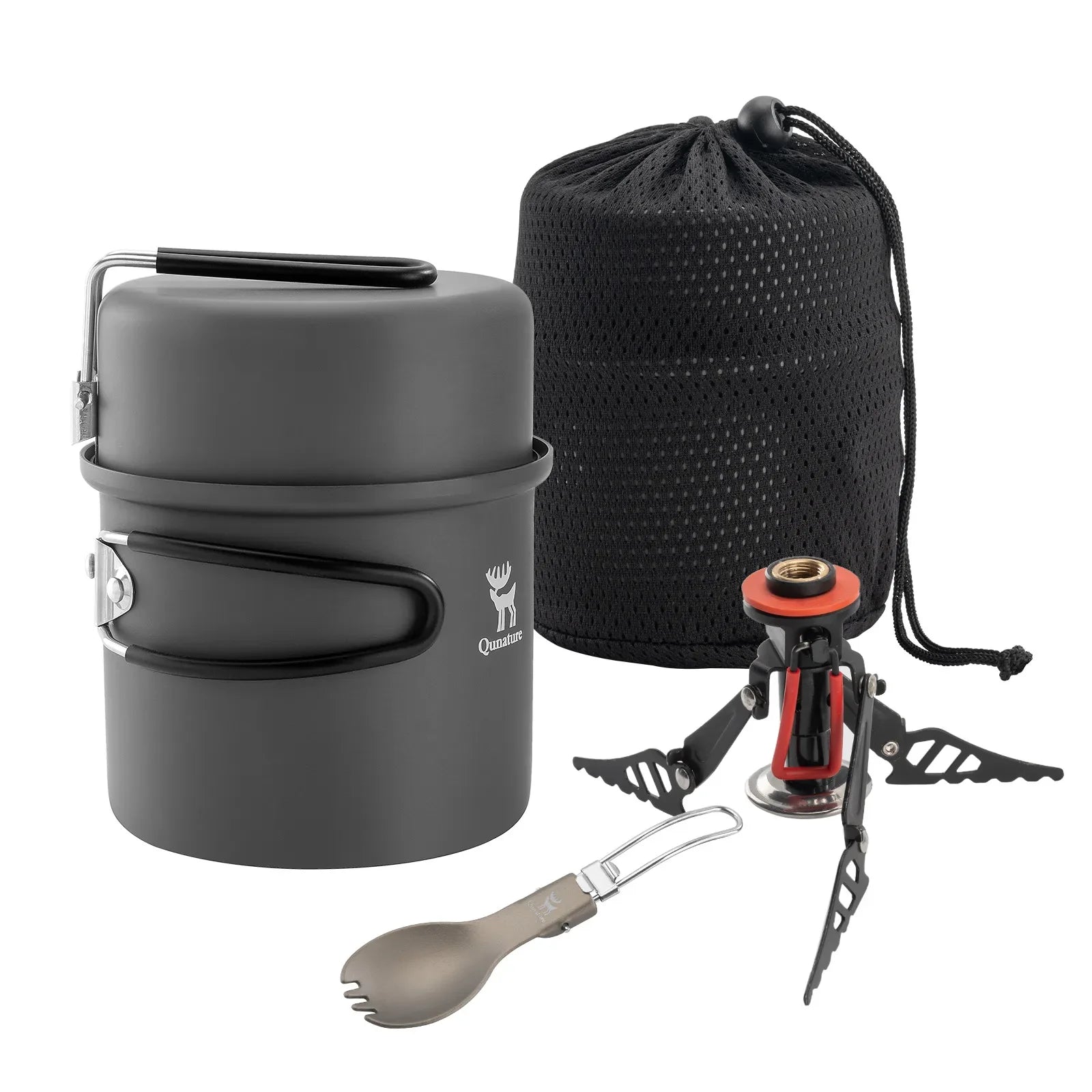 Qunature Global ultra-light aluminum camping cookware set with nestable design and handles, ideal for outdoor cooking adventures.