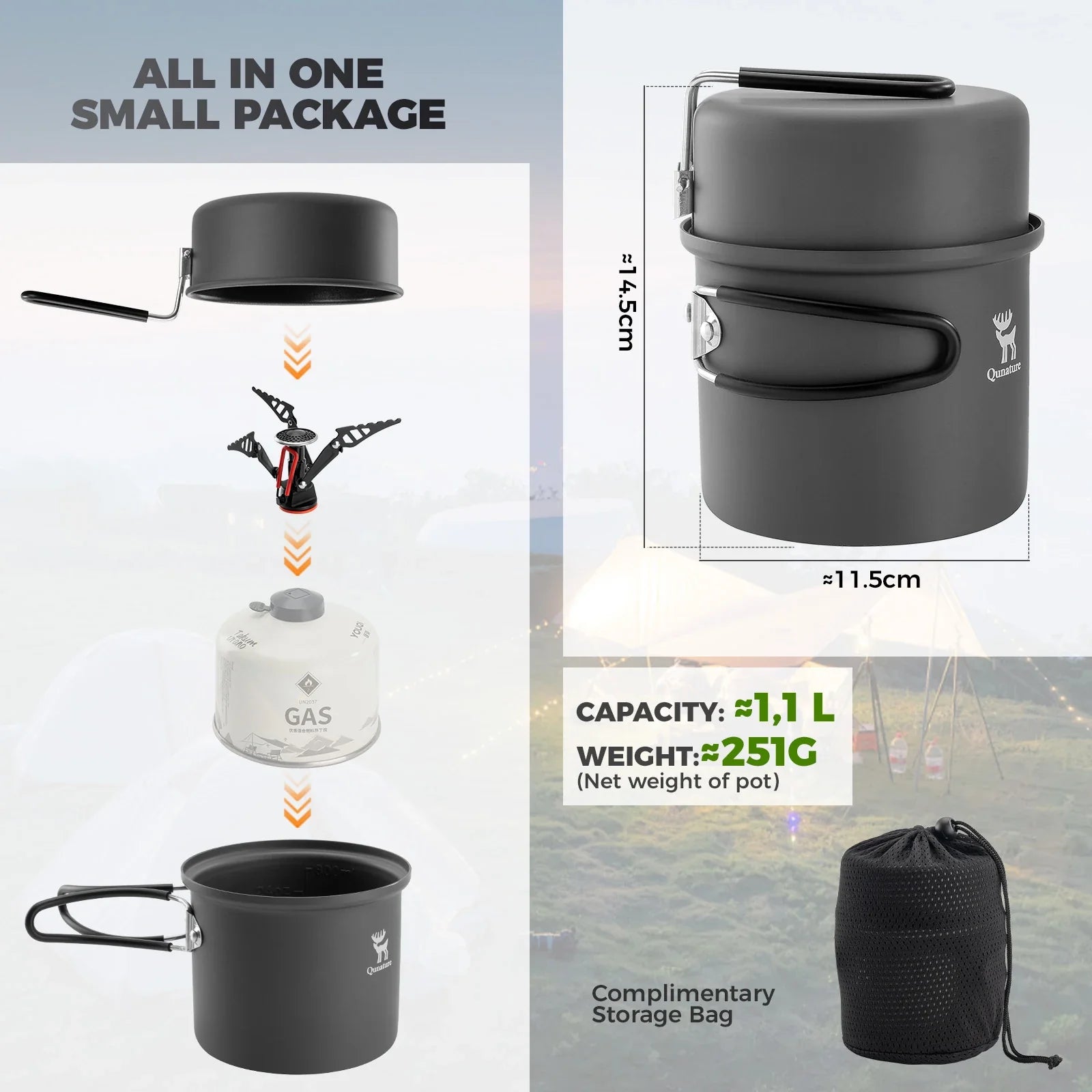 Qunature Global ultra-light aluminum camping cookware set with nestable design and handles for outdoor cooking and portability.