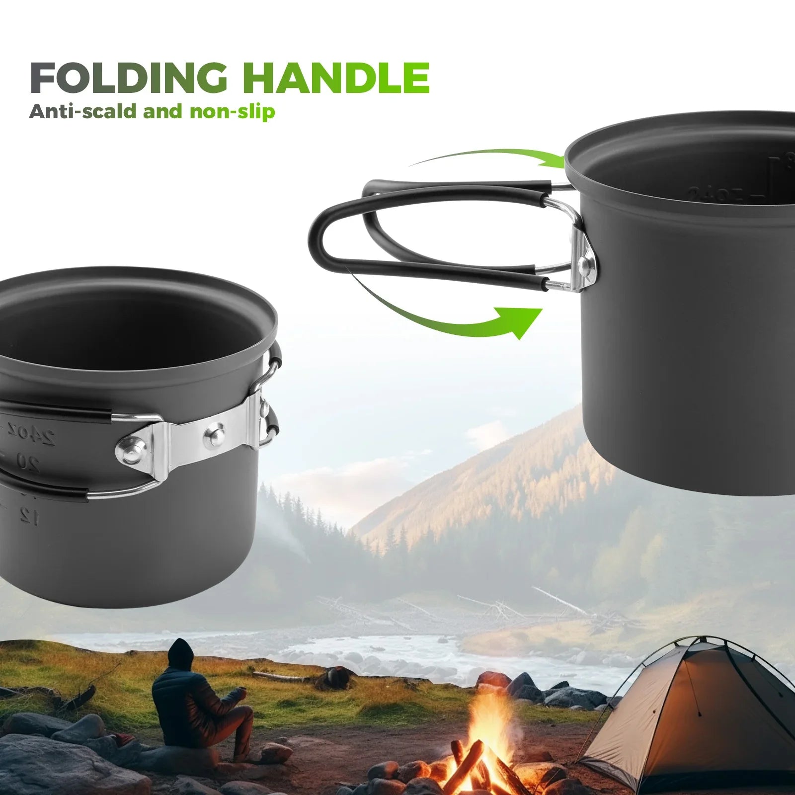 Qunature Global ultra-light aluminum camping cookware set with nestable design and handle, ideal for outdoor cooking and backpacking.
