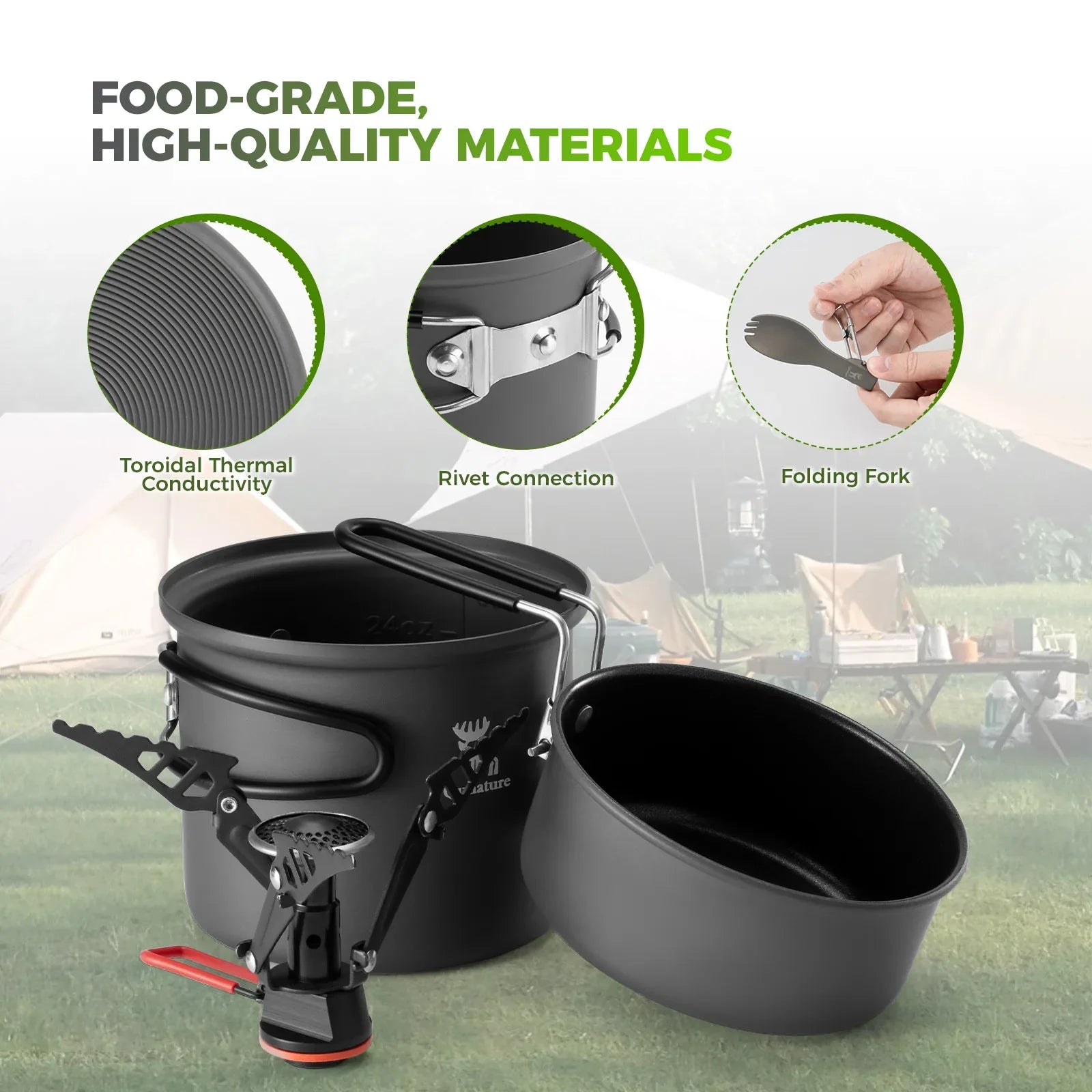Qunature Global ultra-light aluminum camping cookware set with nestable design and handles, ideal for outdoor cooking and portability.