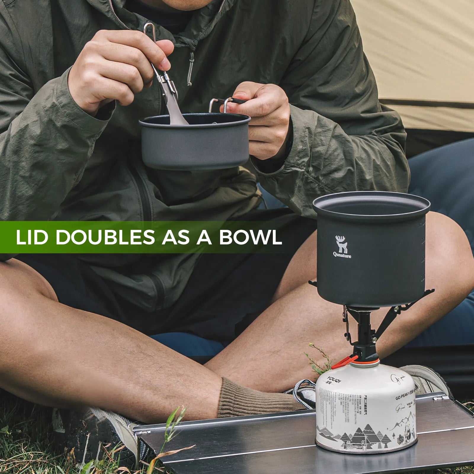 Qunature Global ultra-light aluminum camping cookware set with nestable design and ergonomic handles, ideal for outdoor cooking.