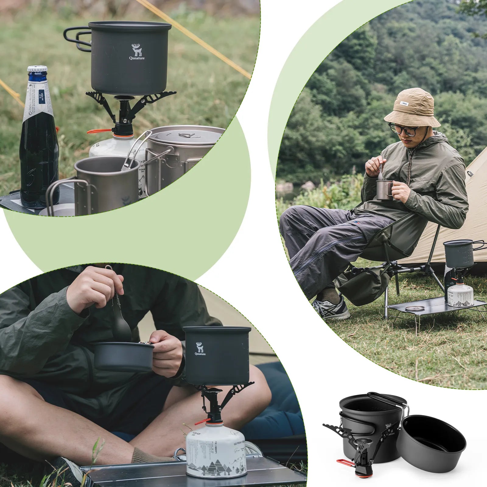 Qunature Global ultra-light aluminum camping cookware set with nestable design and handles, ideal for outdoor cooking and backpacking.
