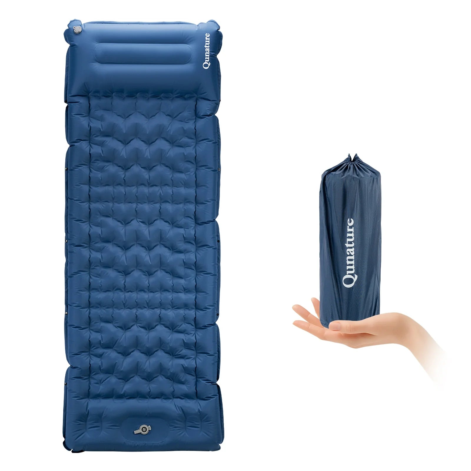 Qunature Global ultra-light inflatable sleeping pad with built-in pillow, ideal for outdoor camping and backpacking comfort.