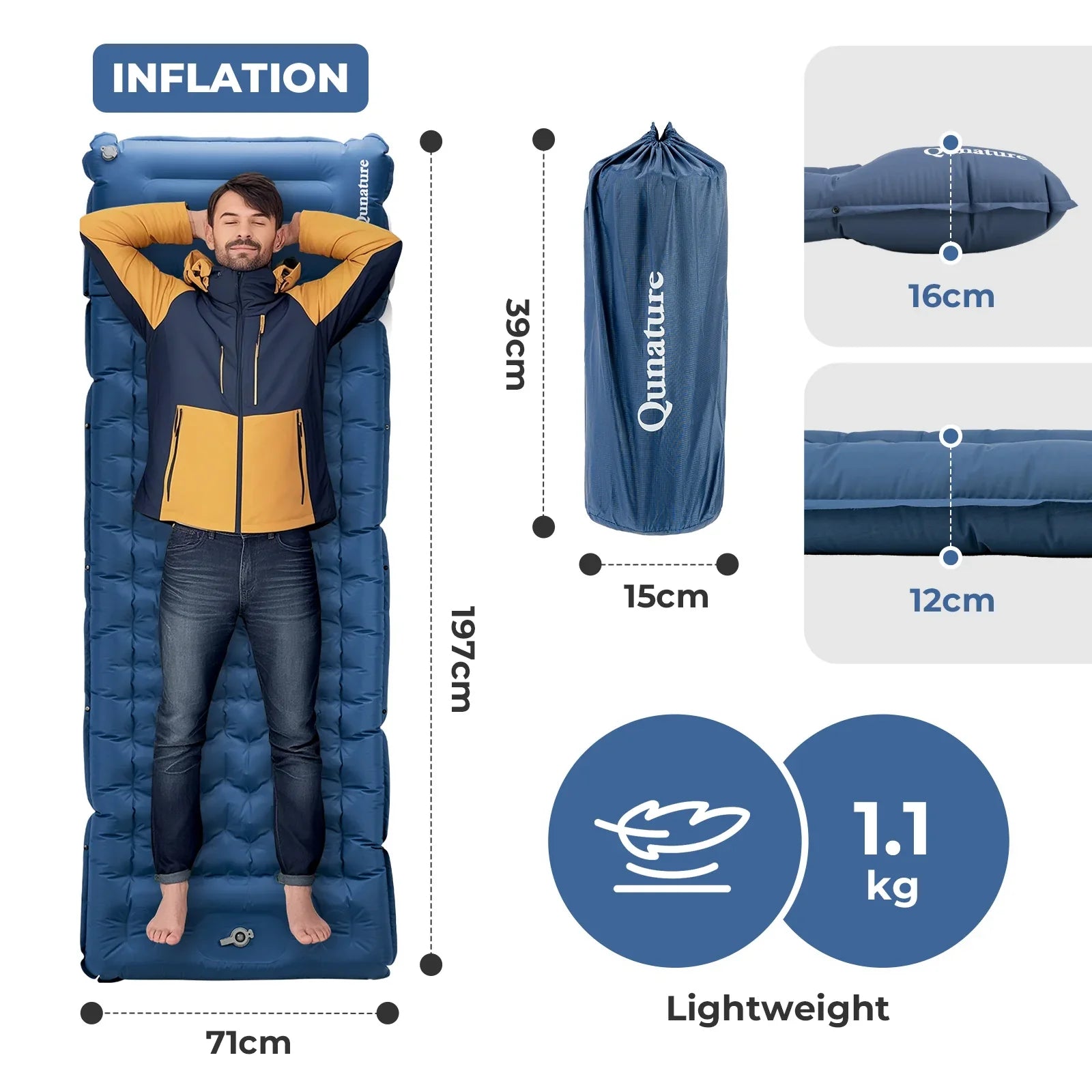 Qunature Global ultra-light inflatable sleeping pad with built-in pillow, ideal for outdoor camping comfort and portability.