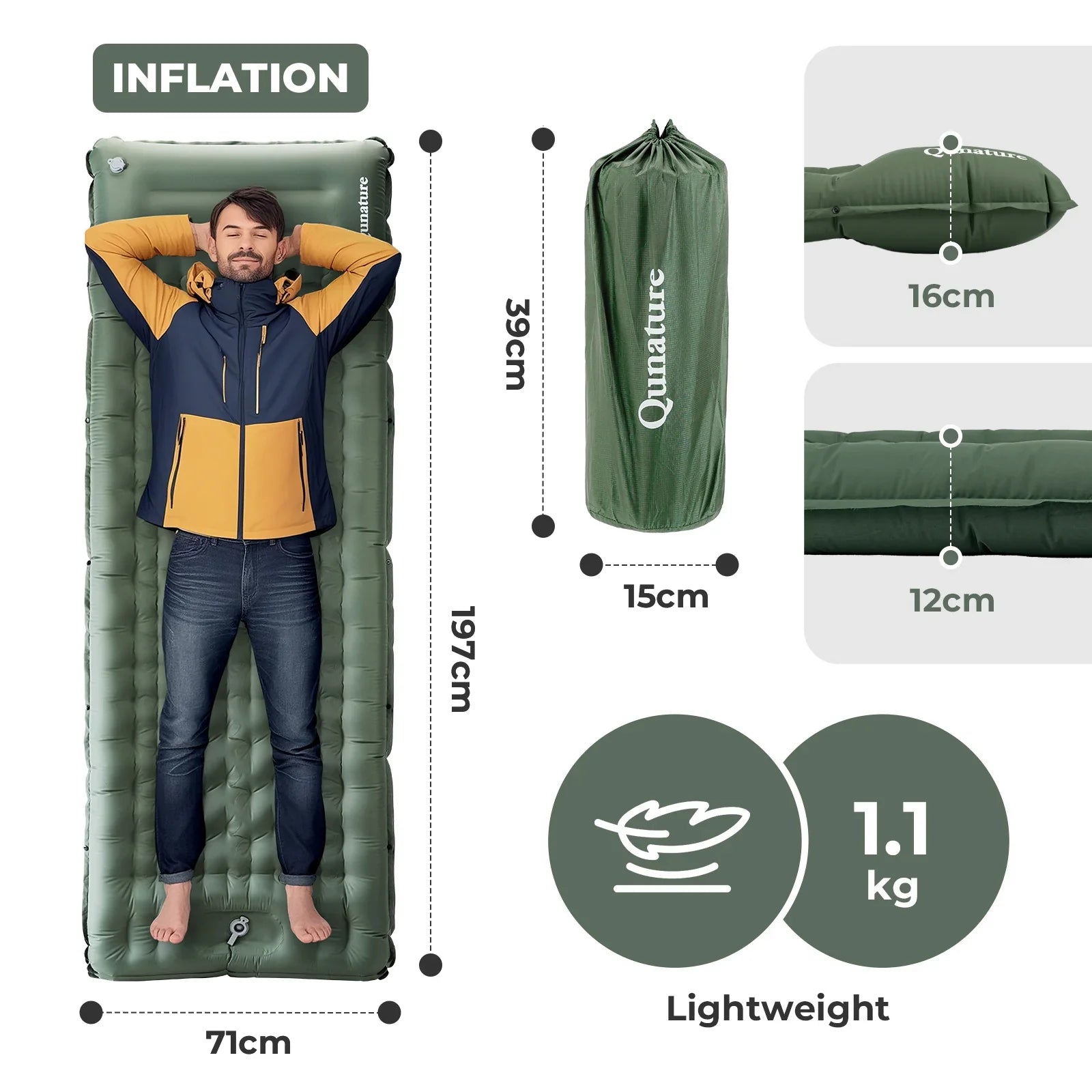 Qunature Global ultra-light inflatable sleeping pad with built-in pillow, ideal for outdoor camping and backpacking comfort.