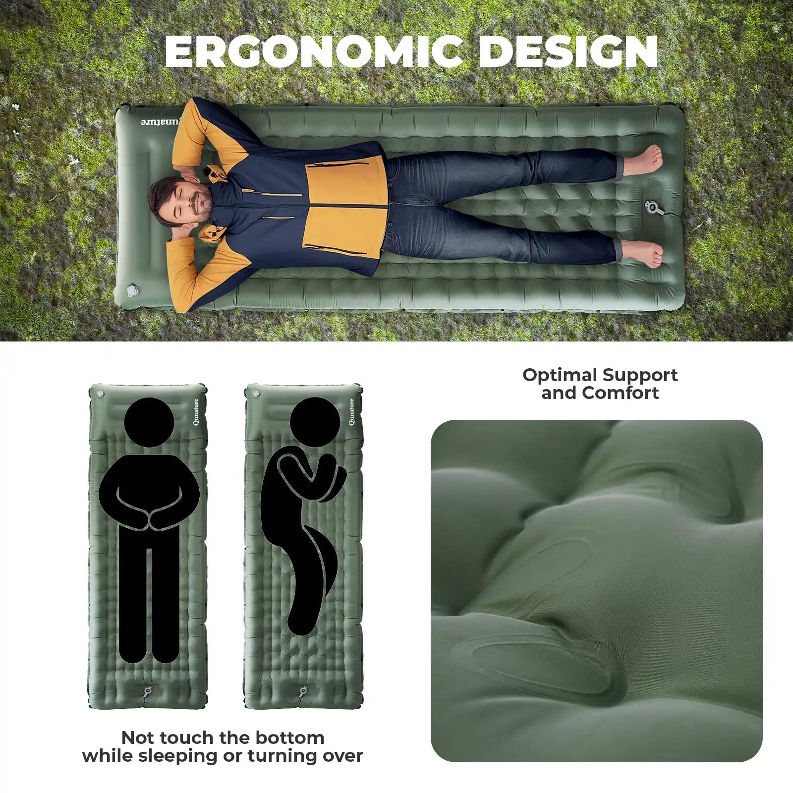 Qunature Global ultra-light inflatable sleeping pad with built-in pillow, ideal for outdoor camping and backpacking comfort.