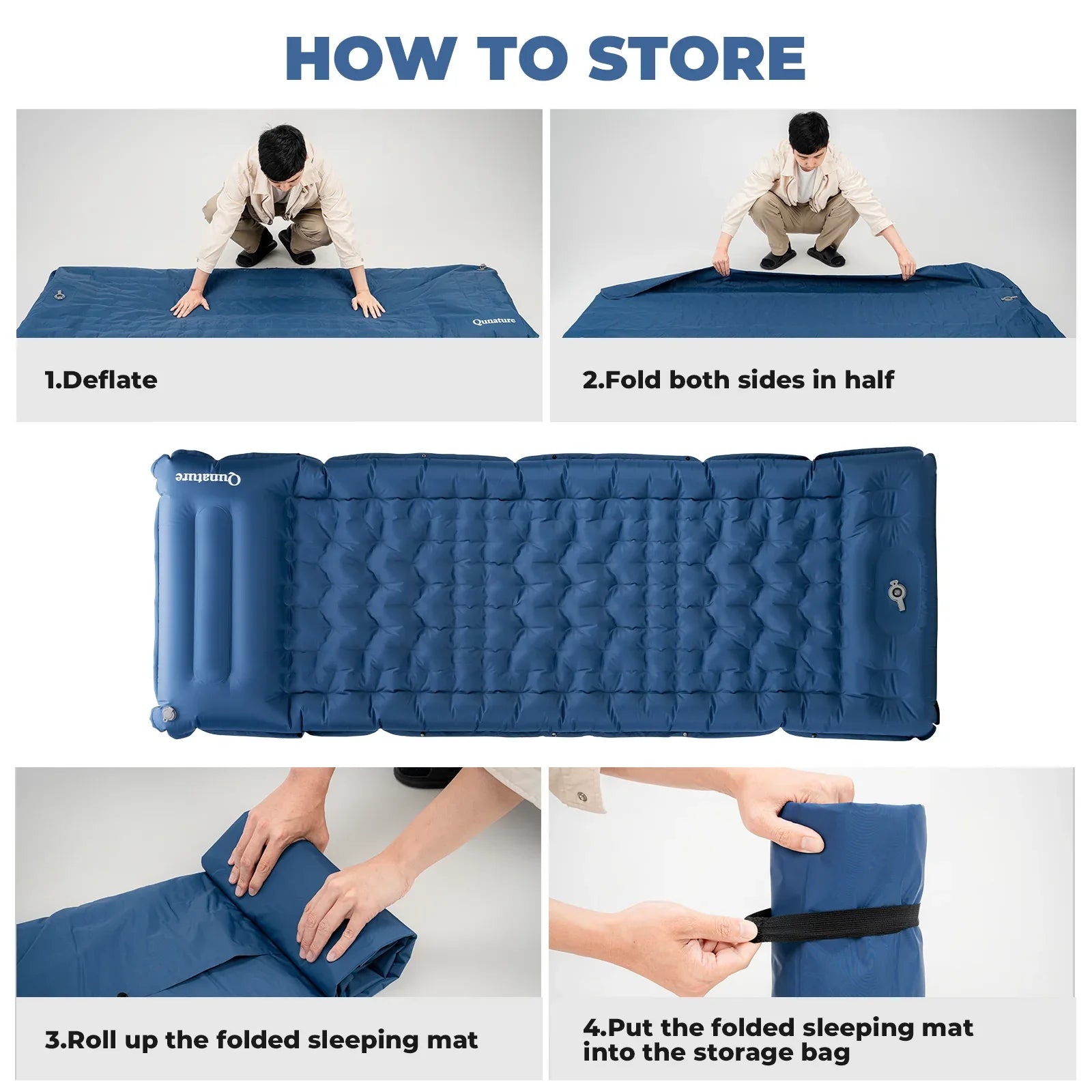 Qunature Global ultra-light inflatable sleeping pad with built-in pillow, ideal for outdoor camping and backpacking comfort.
