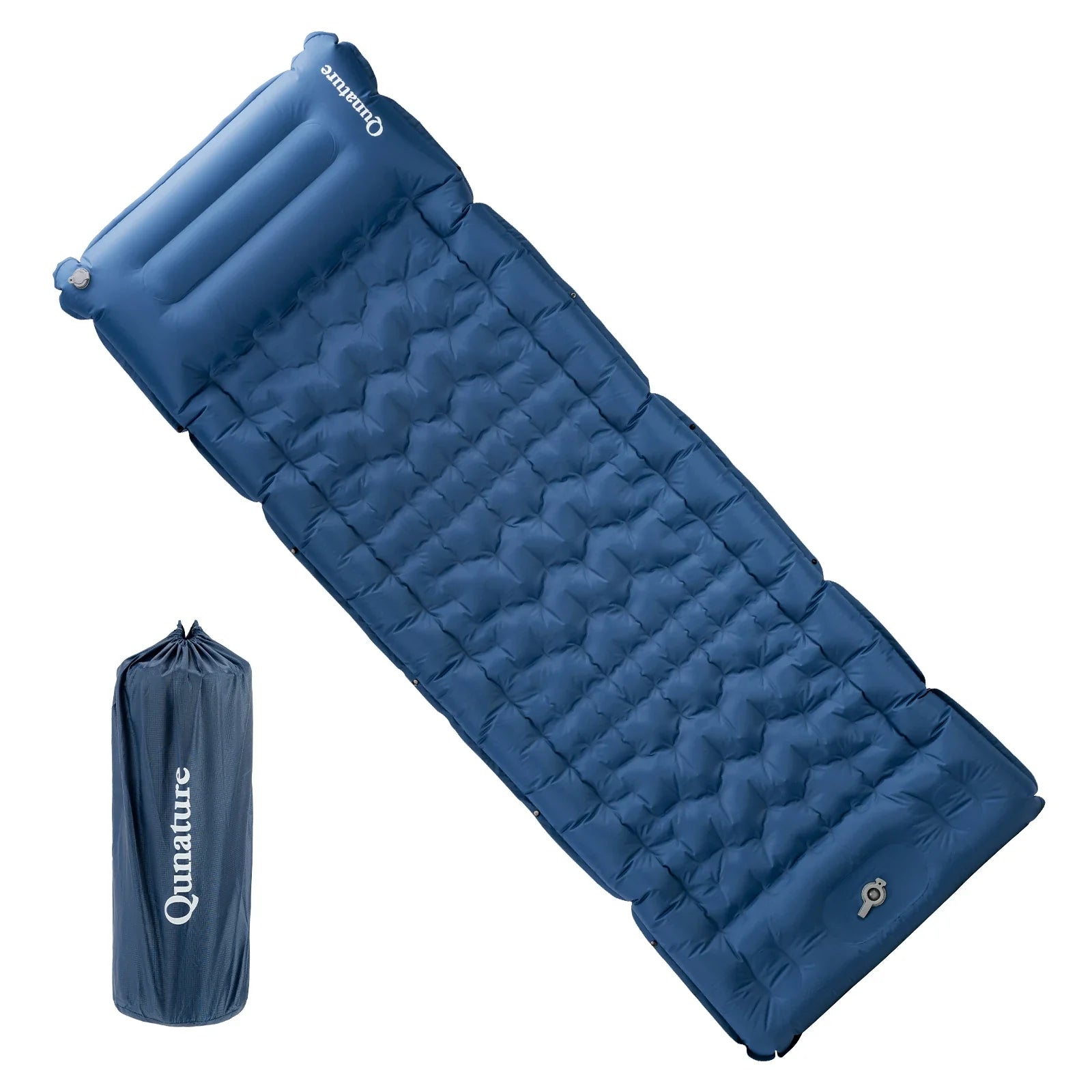 Qunature Global ultra-light inflatable sleeping pad with built-in pillow, ideal for outdoor camping and backpacking comfort.