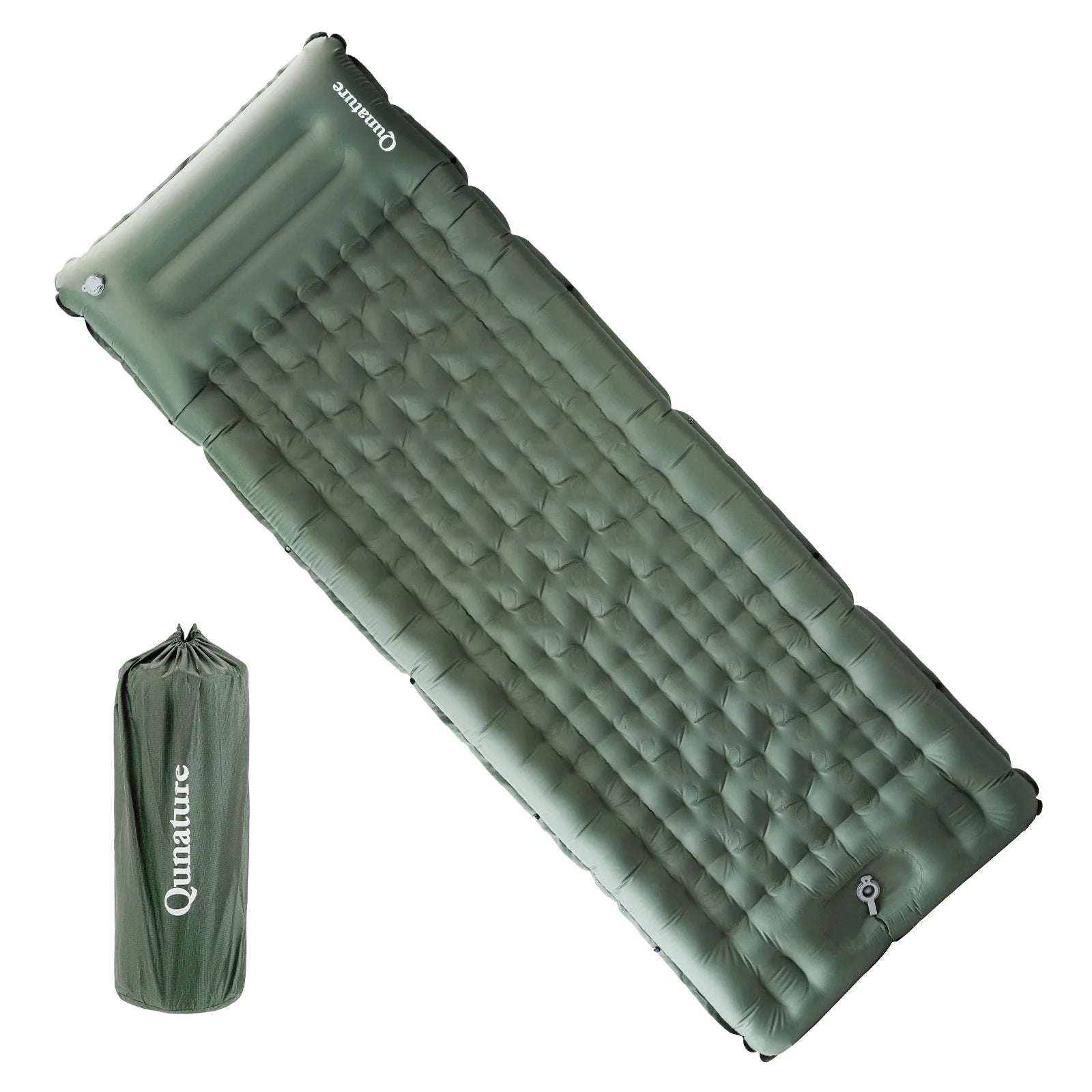 Qunature Global ultra-light inflatable sleeping pad with built-in pillow, ideal for outdoor camping and backpacking comfort.