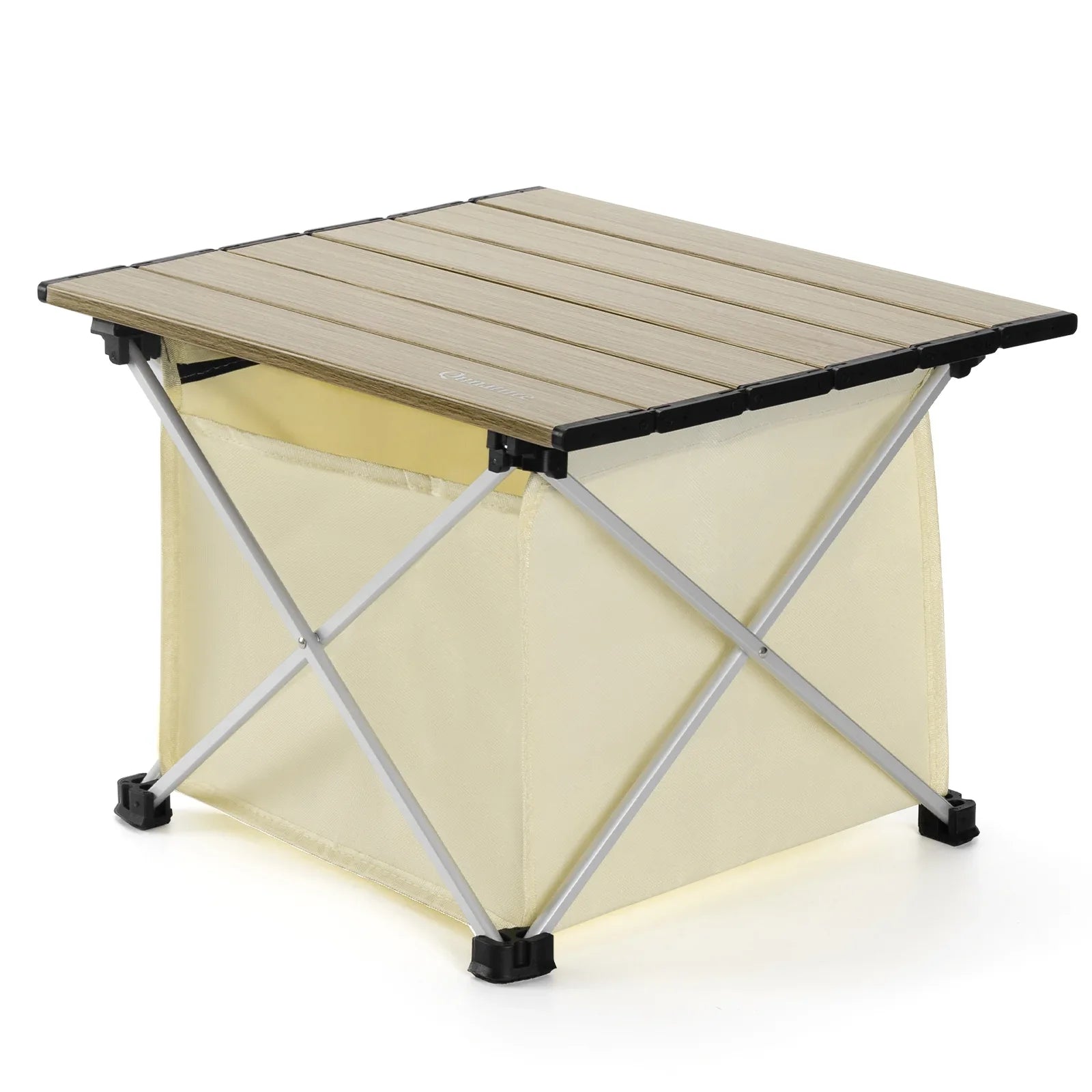 Qunature Global lightweight foldable aluminum camping table with storage bag, portable and easy to carry for outdoor use.