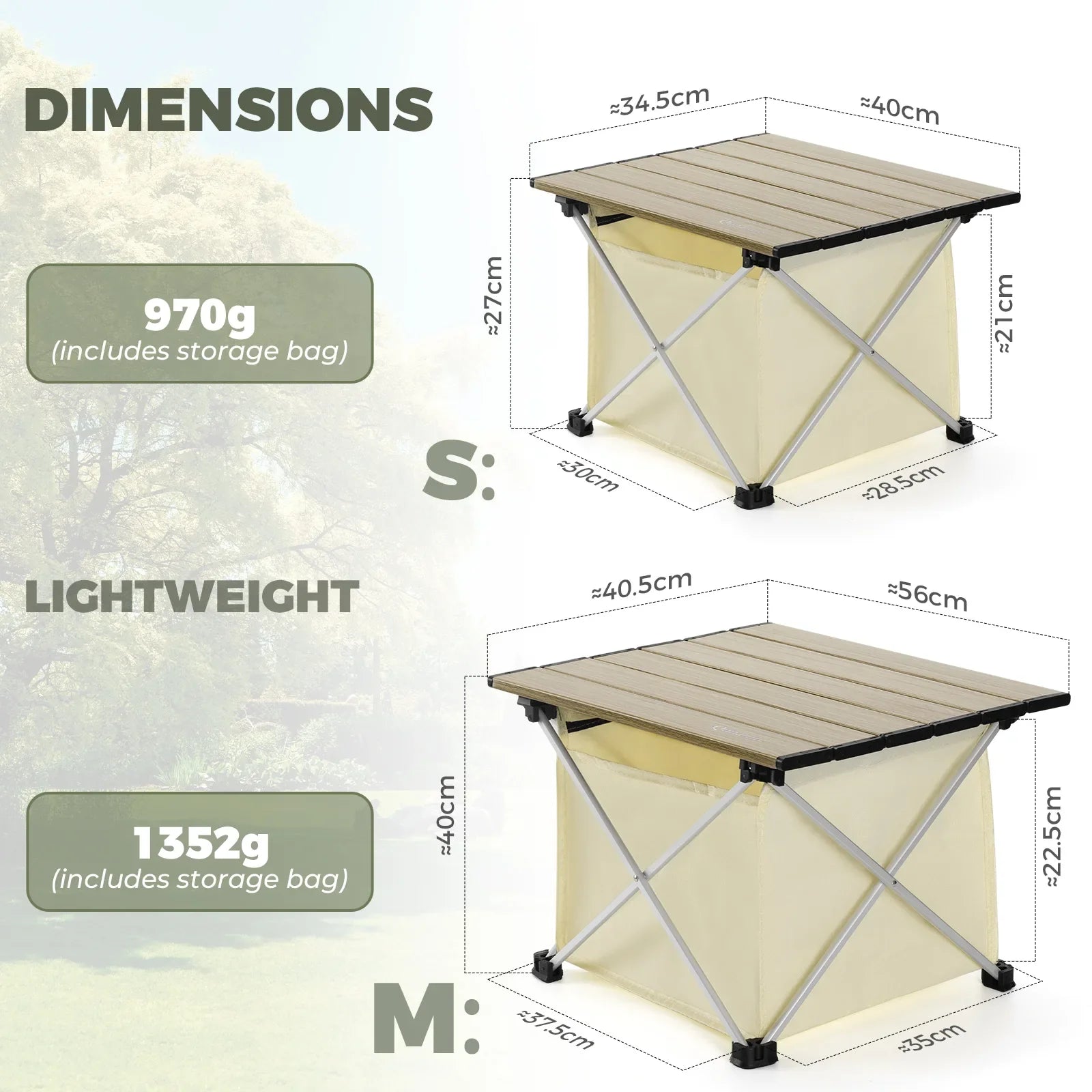 Lightweight foldable aluminum camping table with storage bag by Qunature Global, shown set up for outdoor use.