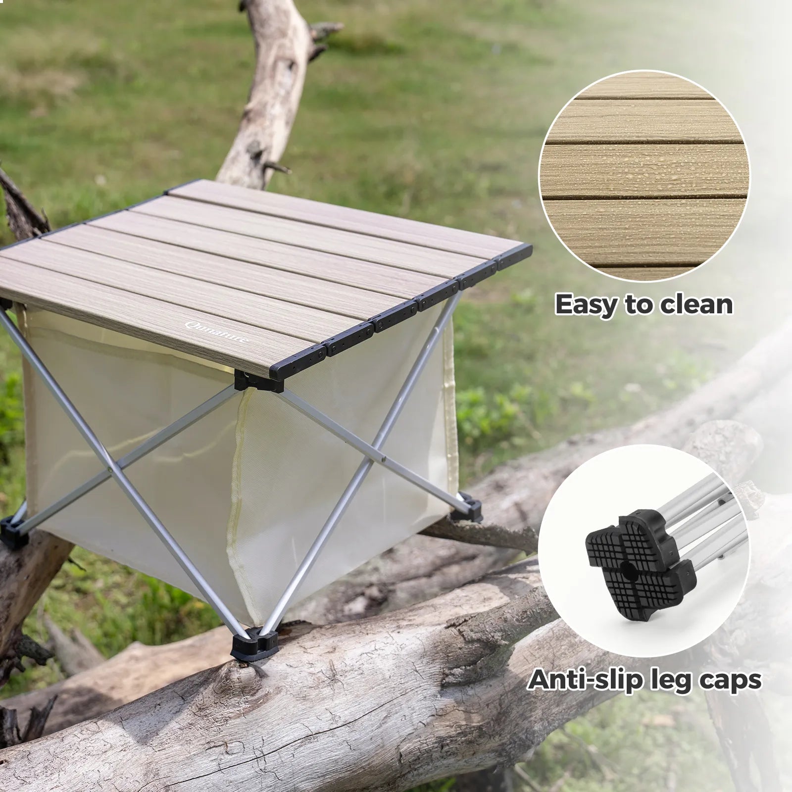 Qunature Global lightweight foldable aluminum camping table with storage bag, compact and portable for outdoor use.