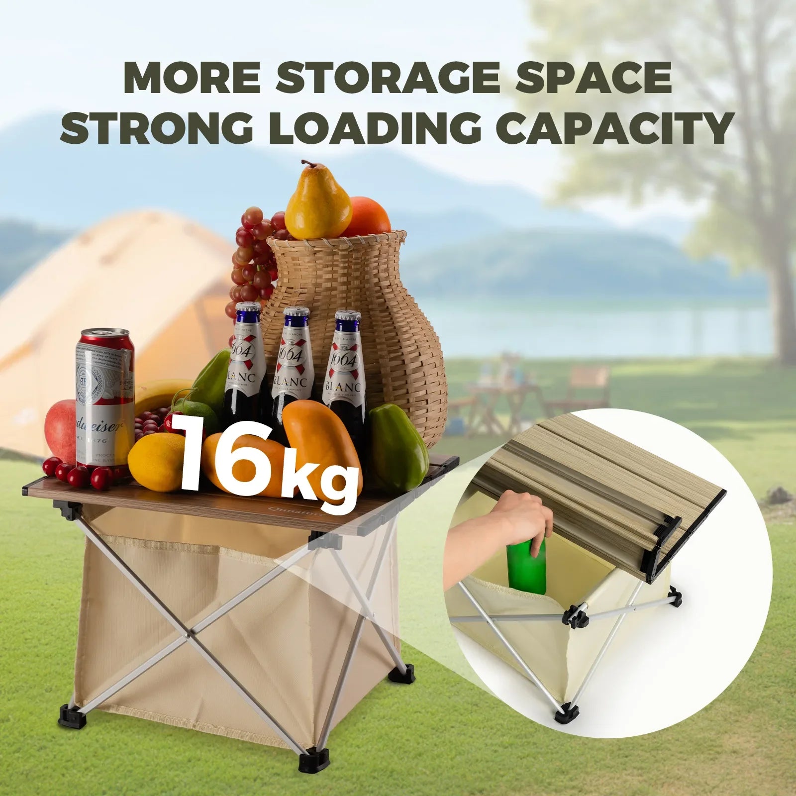 Qunature Global lightweight foldable aluminum camping table with storage bag, compact and portable for outdoor use.