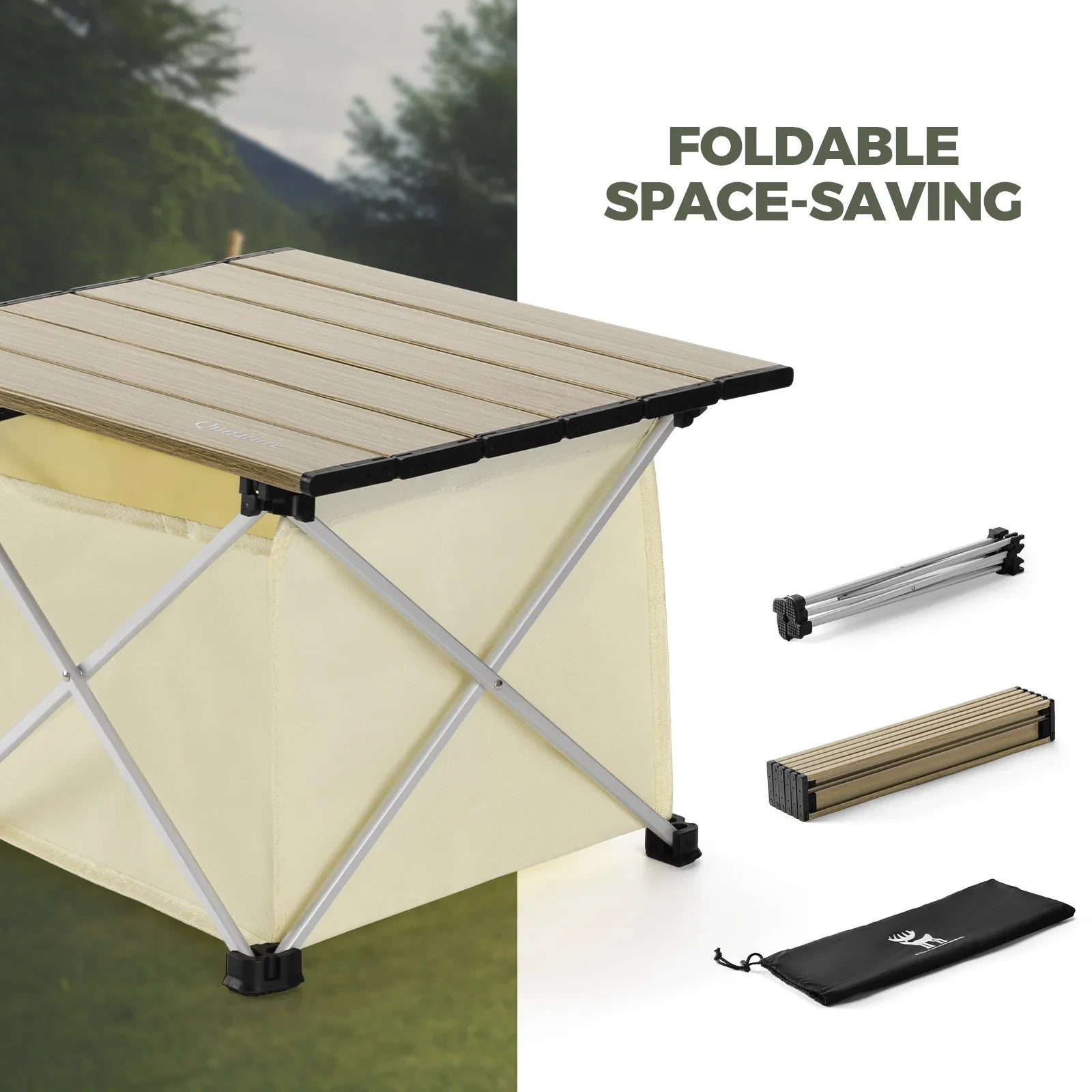 Qunature Global lightweight aluminum folding camping table with built-in storage bag, compact and portable for outdoor use.
