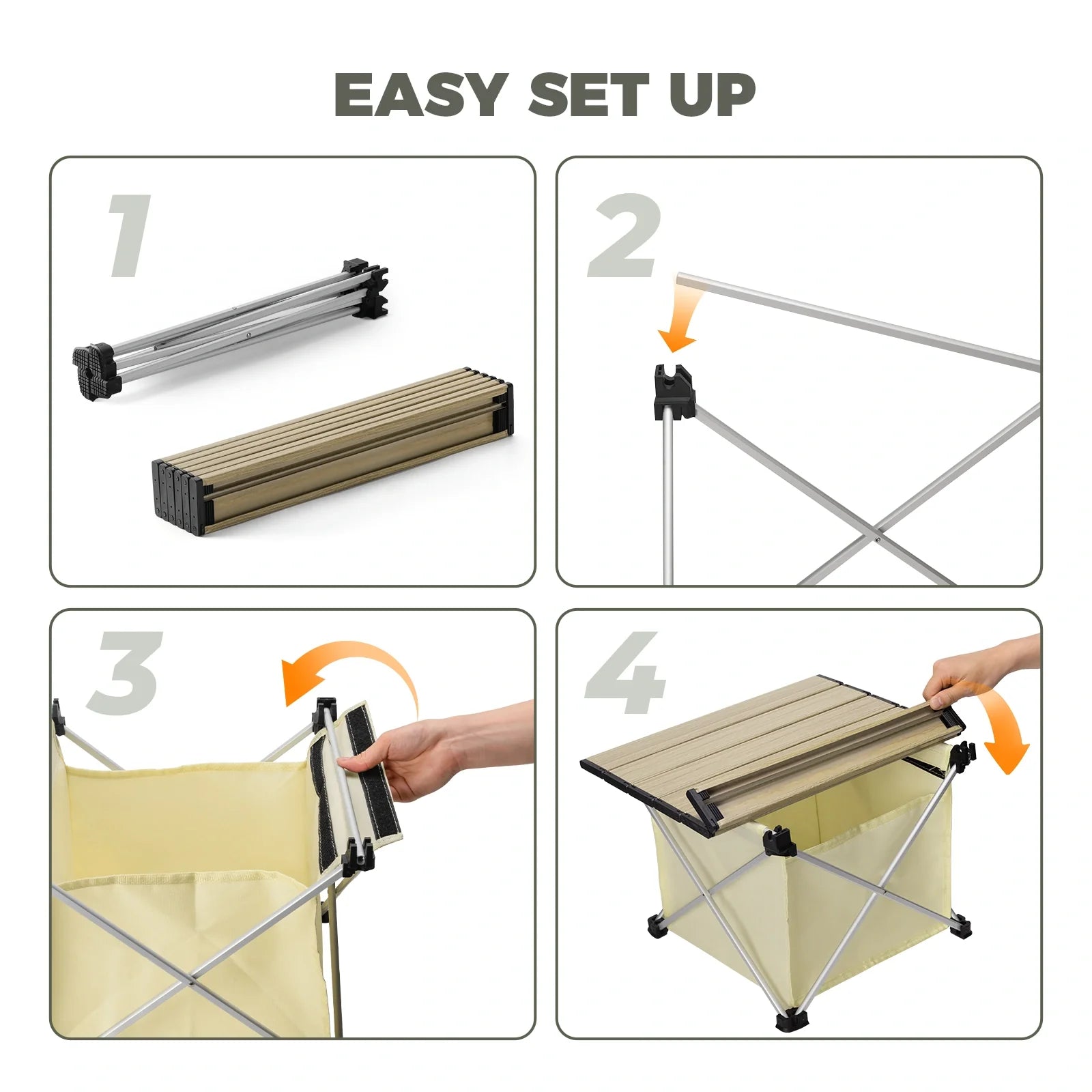 Qunature Global lightweight foldable aluminum camping table with storage bag, shown set up with tabletop and legs extended.