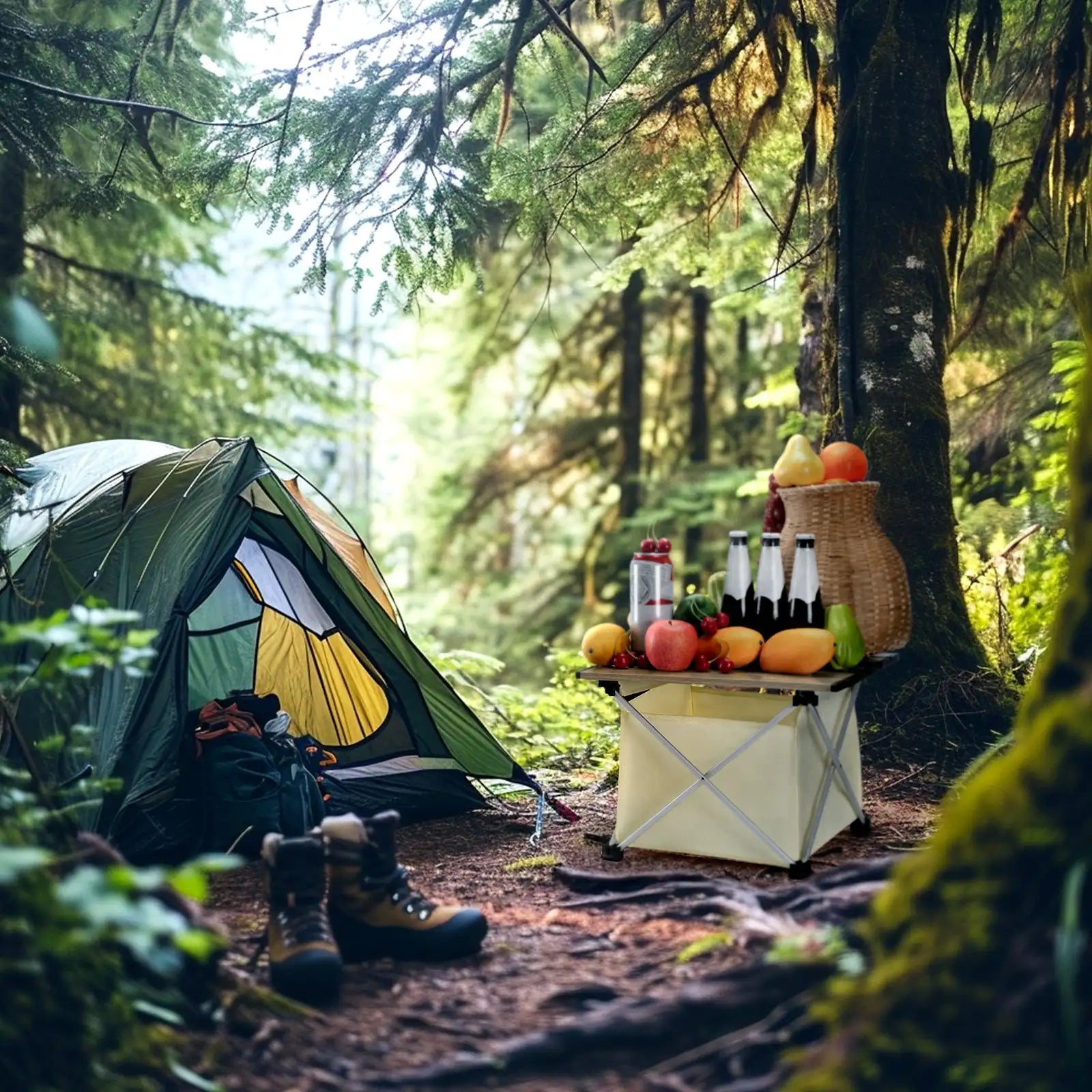 Qunature Global lightweight foldable aluminum camping table with storage bag, portable and easy to set up for outdoor use.