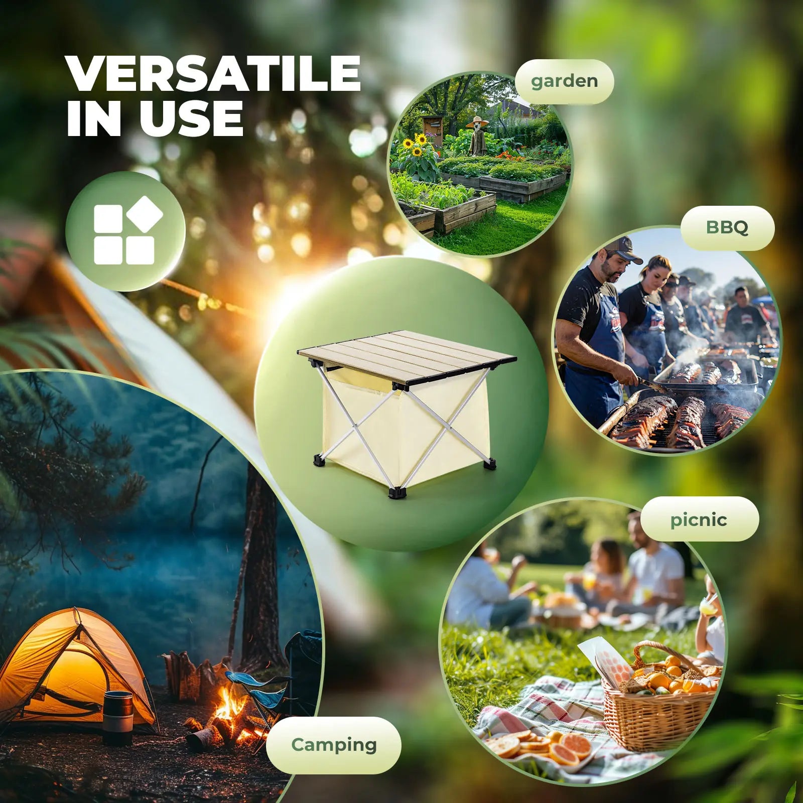Qunature Global lightweight foldable aluminum camping table with storage bag, portable and easy to carry for outdoor use.