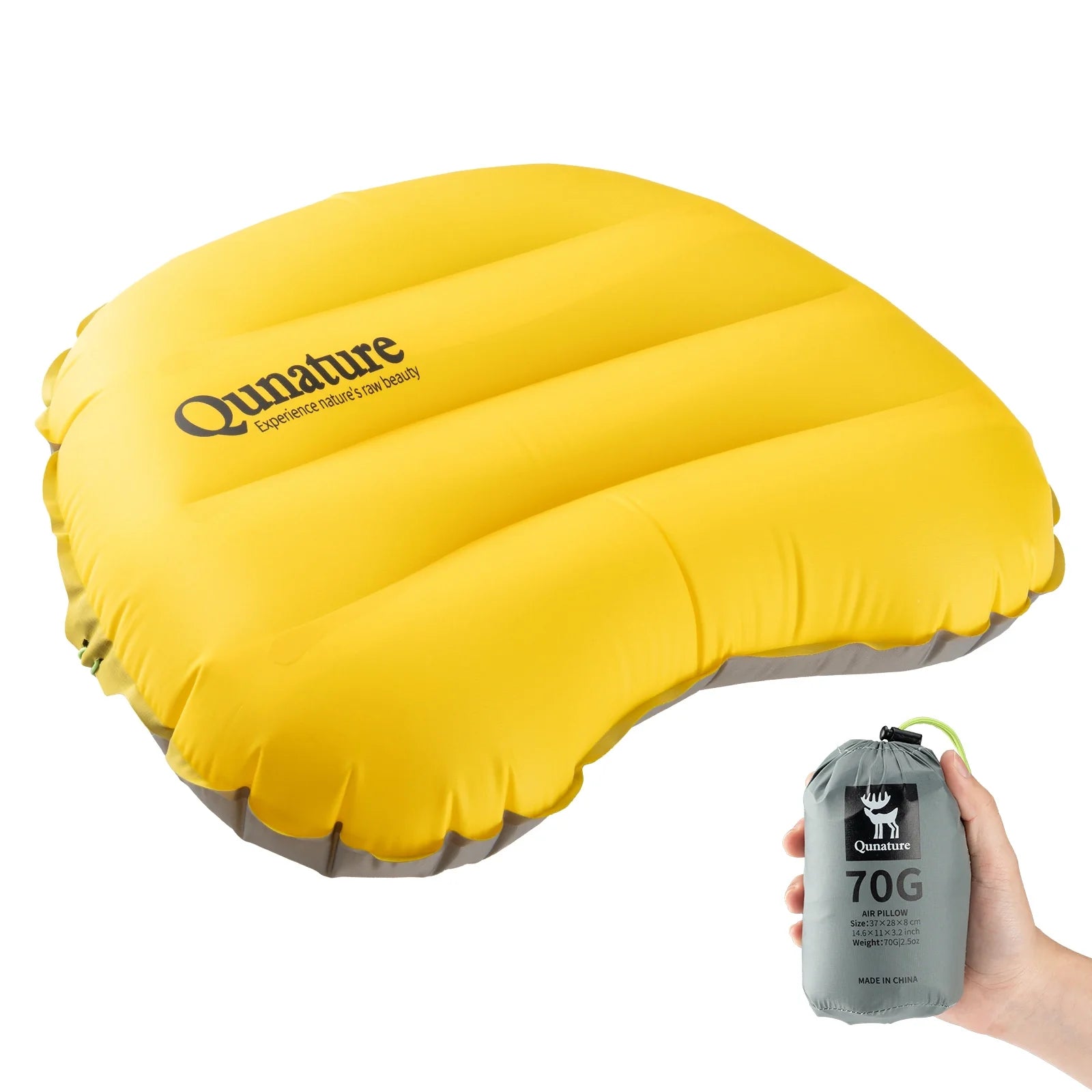 Ultralight inflatable camping pillow by Qunature Global, designed for neck and lumbar support during hiking and sleeping.