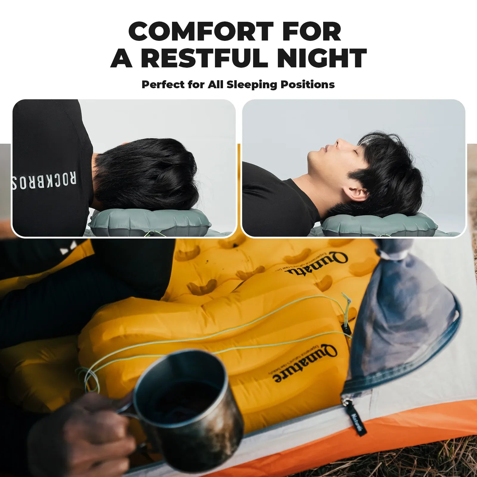 Ultralight inflatable camping pillow by Qunature Global, designed for neck and lumbar support during hiking and sleeping.