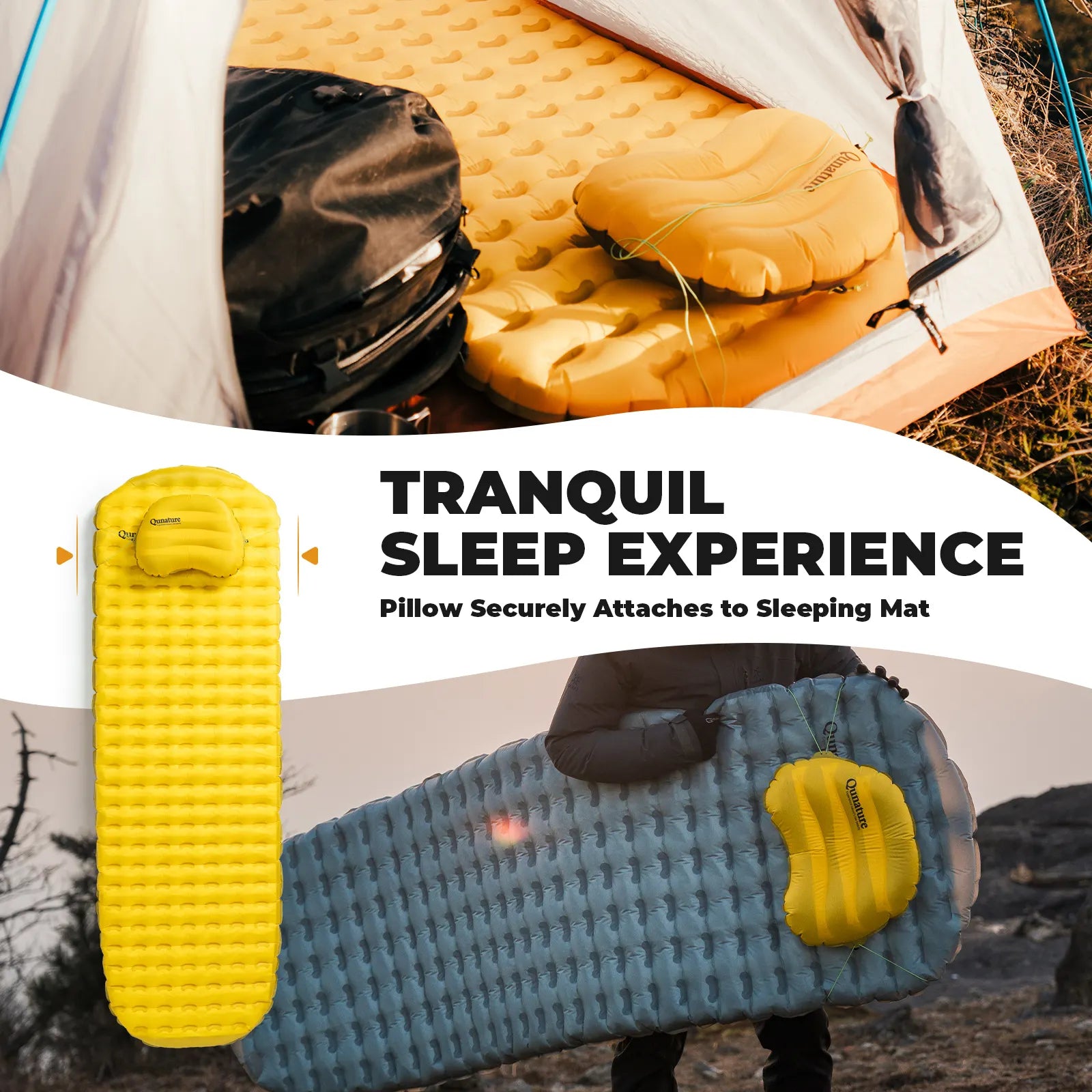 Ultralight inflatable camping pillow by Qunature Global, designed for neck and lumbar support during hiking and sleeping.