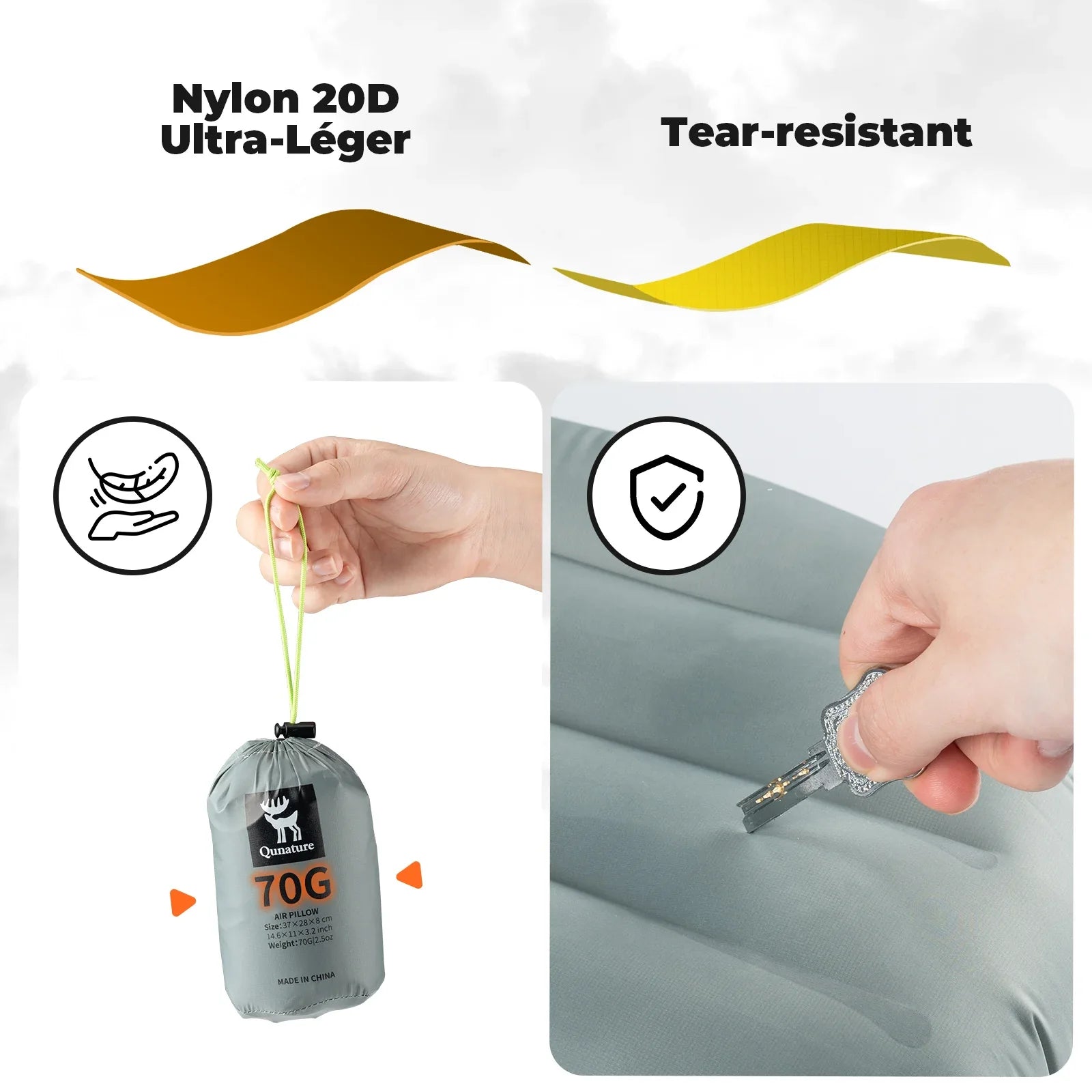Qunature Global ultralight inflatable camping pillow for neck and lumbar support, ideal for hiking and outdoor sleeping.