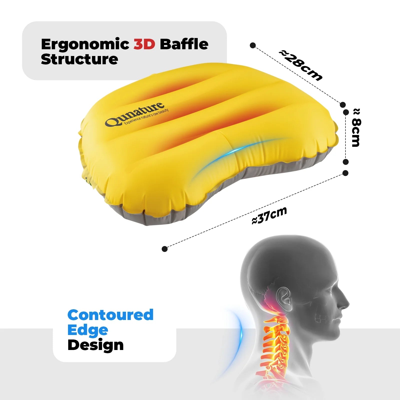 Ultralight inflatable camping pillow by Qunature Global, designed for neck and lumbar support during hiking and sleeping.